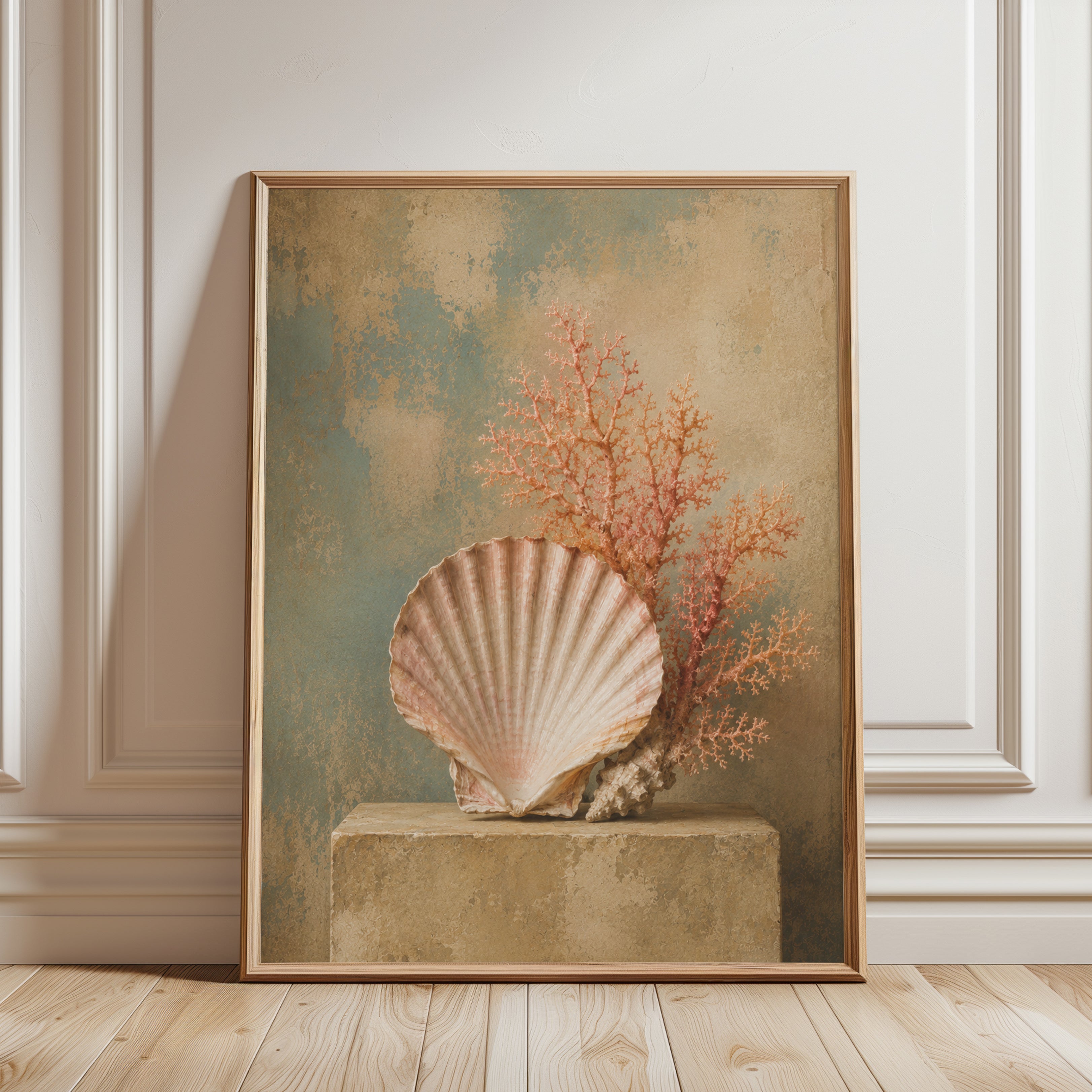 Scallop Shell and Coral Wall Art: Coastal Still Life Print - framed detail