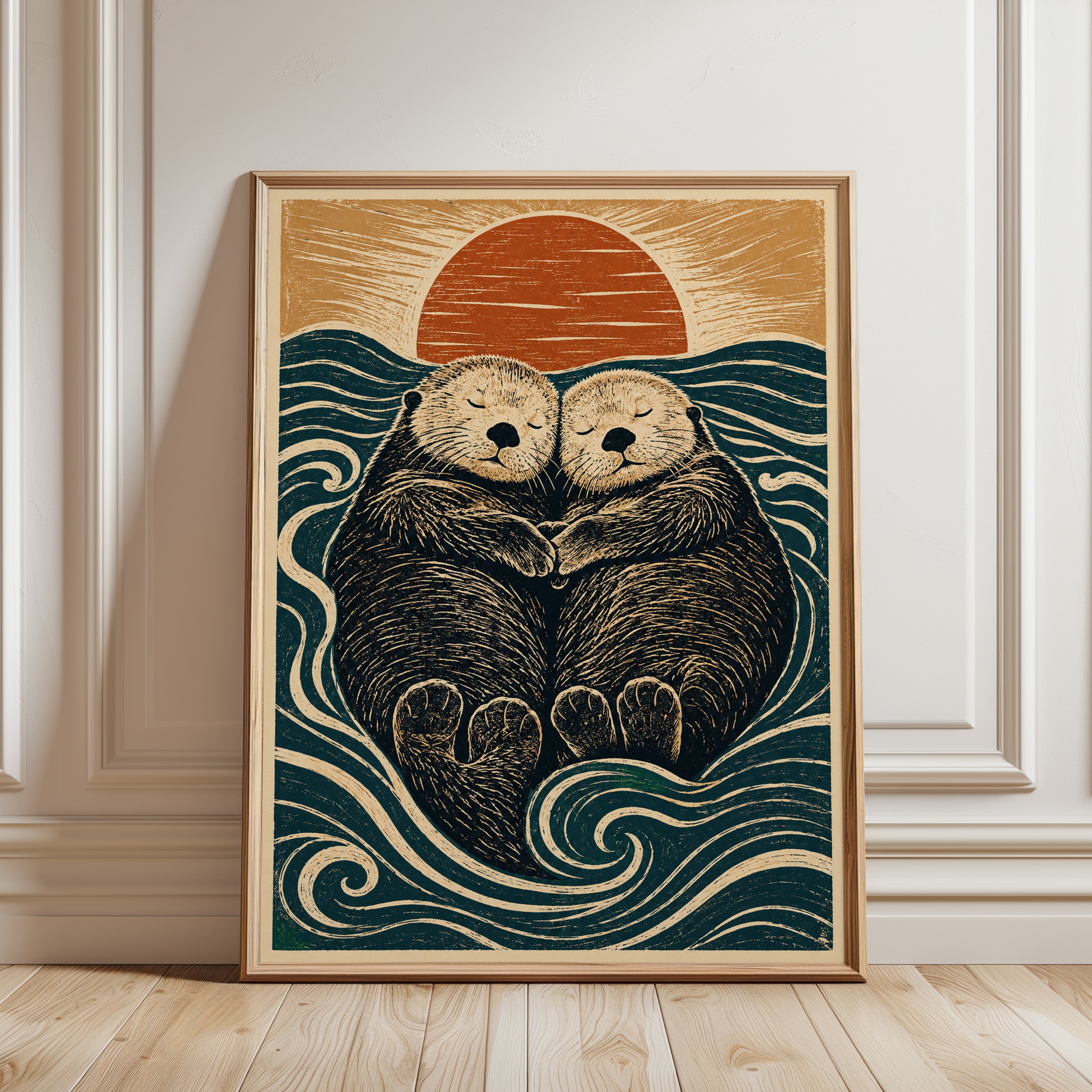 Otter Couple Linocut Print — Vintage Woodblock Style - framed detail