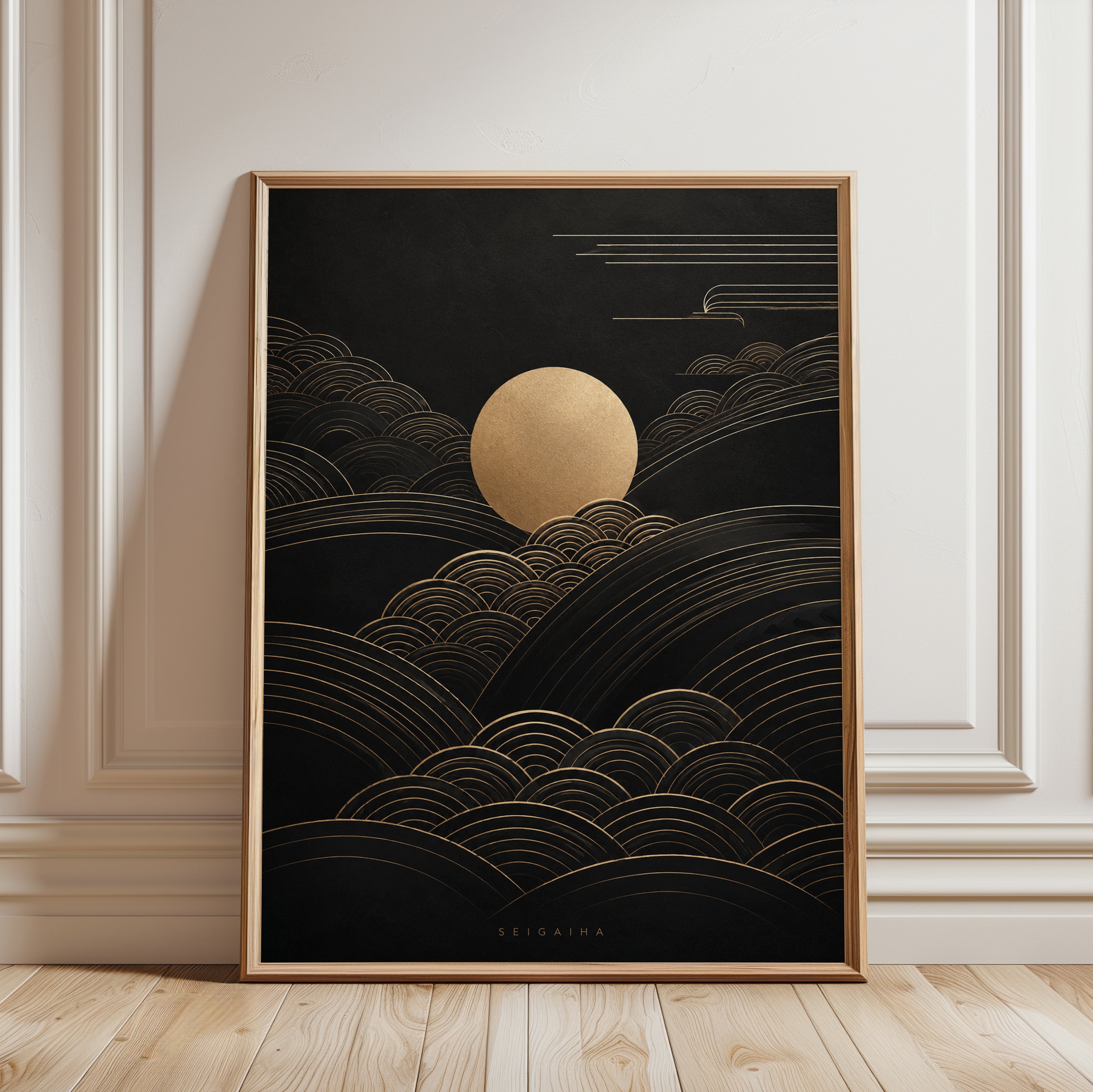Moon Art Print: Japanese Seigaiha Wave Design (Gold on Black) - framed detail