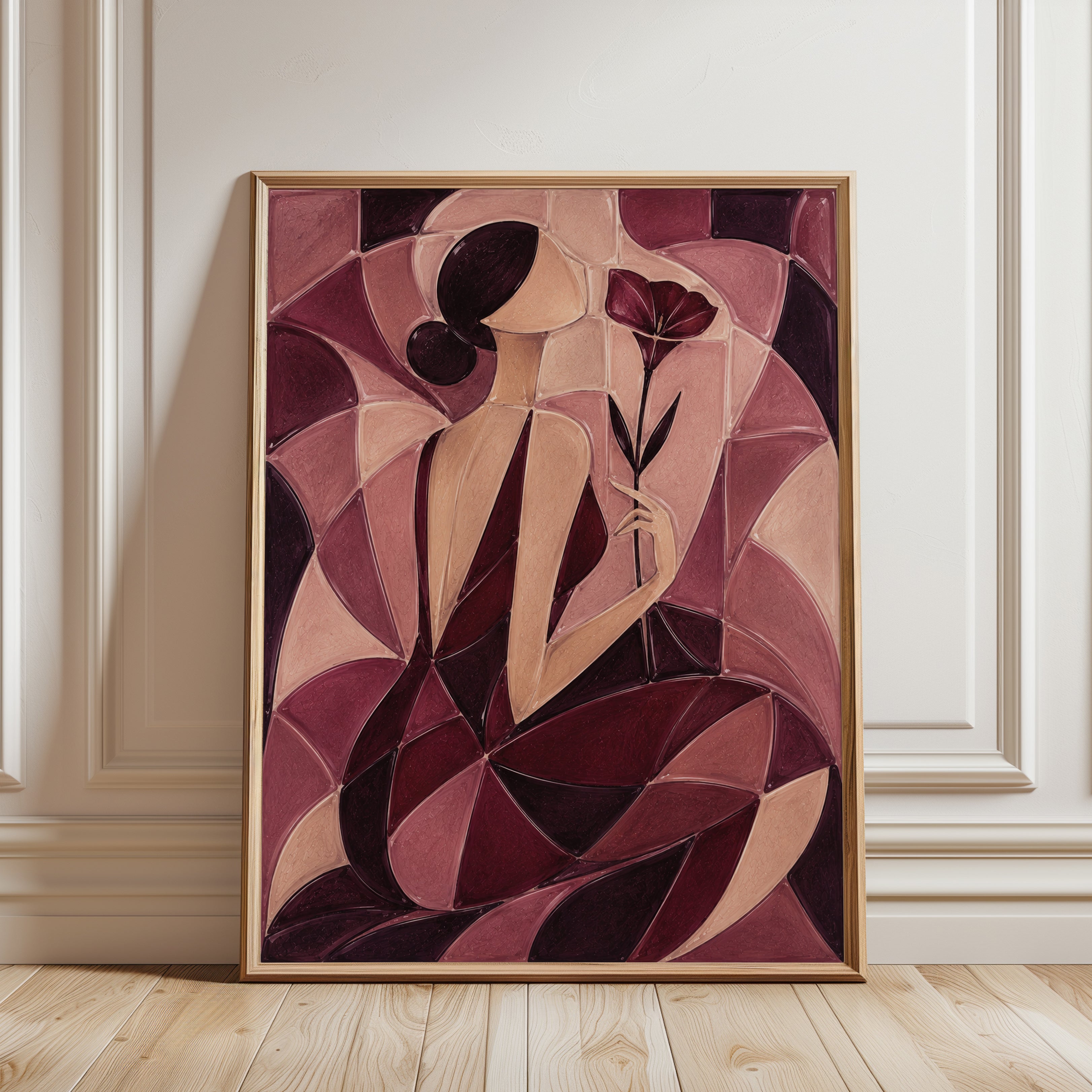 Cubist Woman with Flower Art Print: Burgundy and Beige Geometric - framed detail