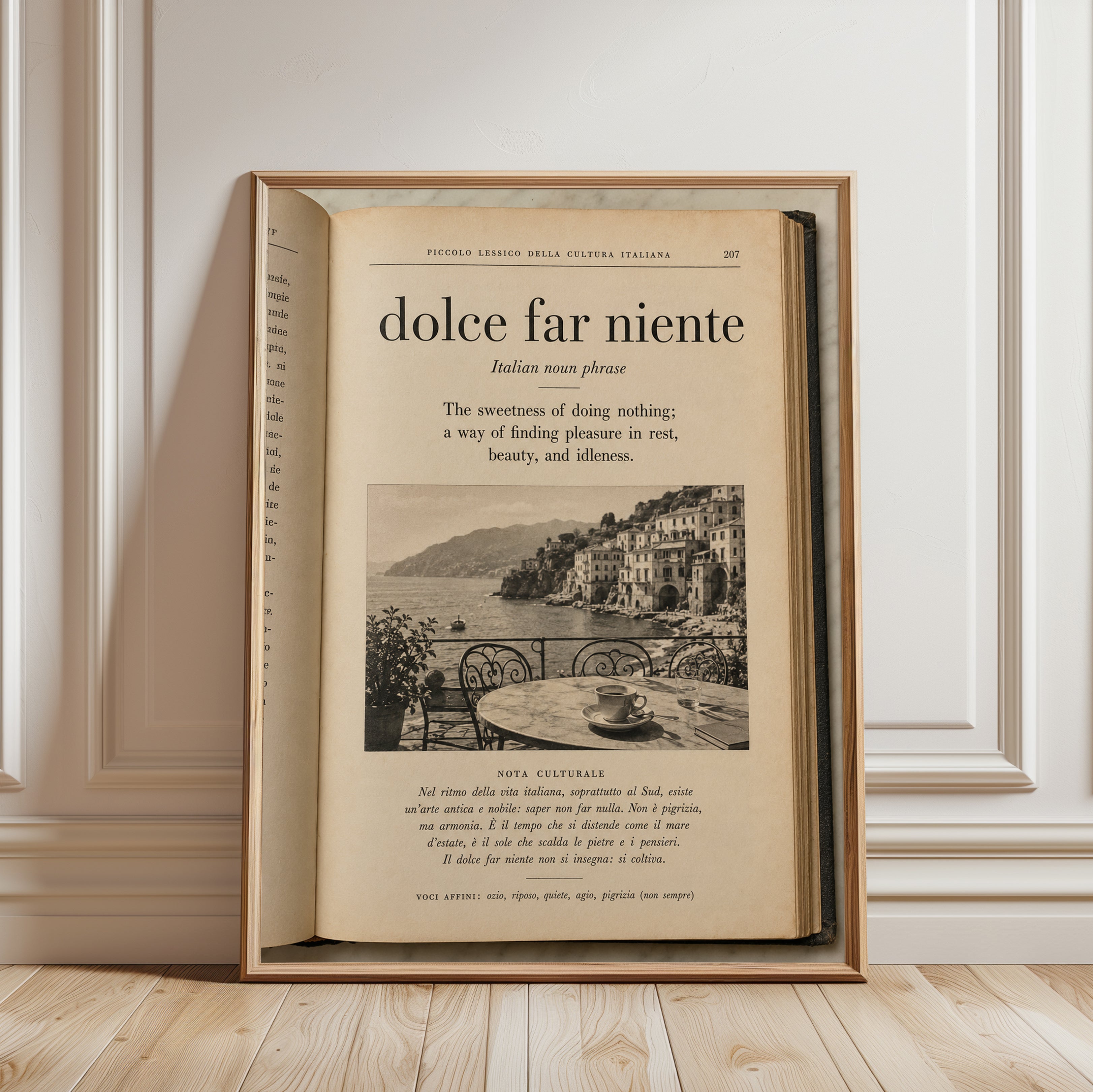 Italian Phrase Wall Art – Vintage Book Print - framed detail