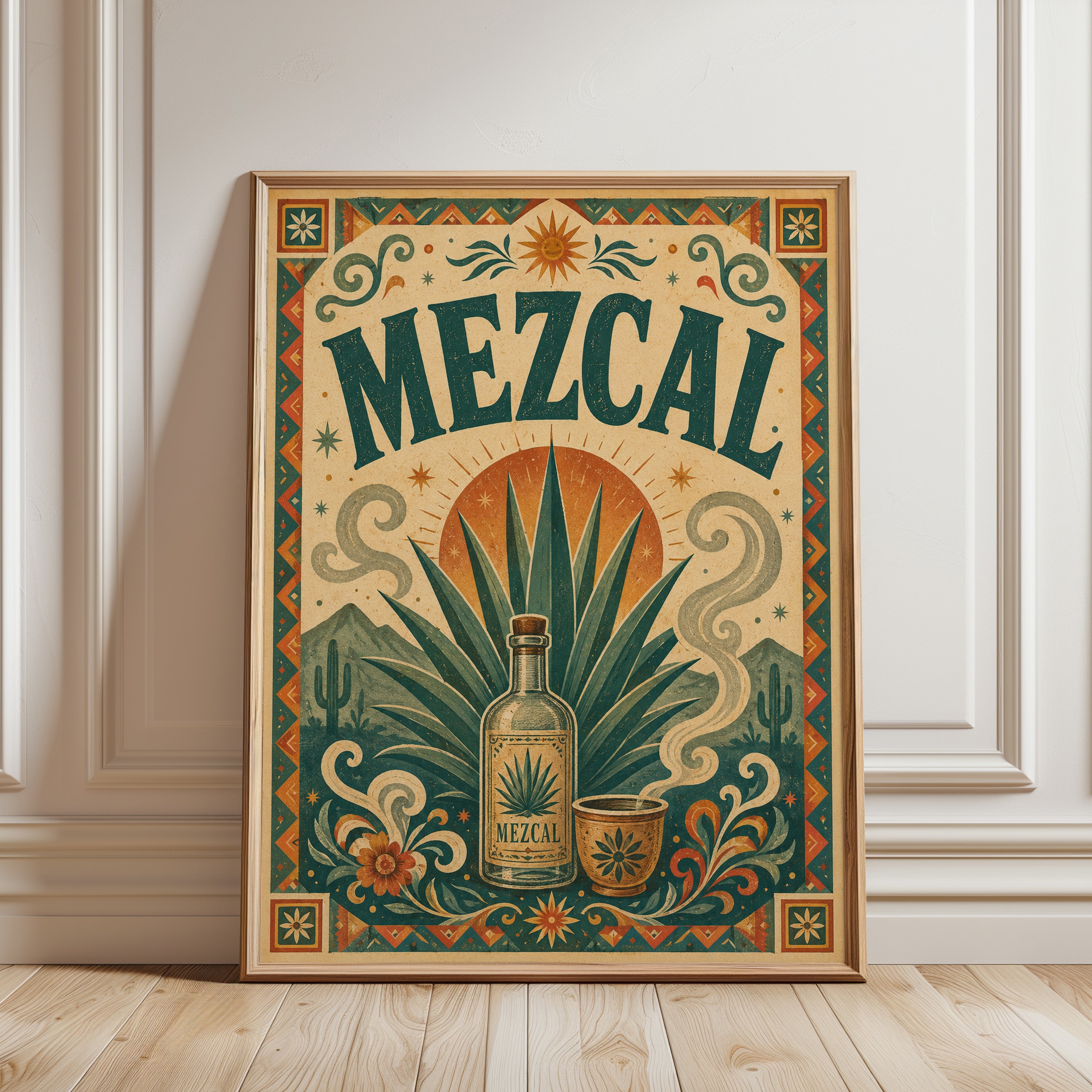 Mezcal Wall Art Print: Retro Mexican Folk Design - framed detail