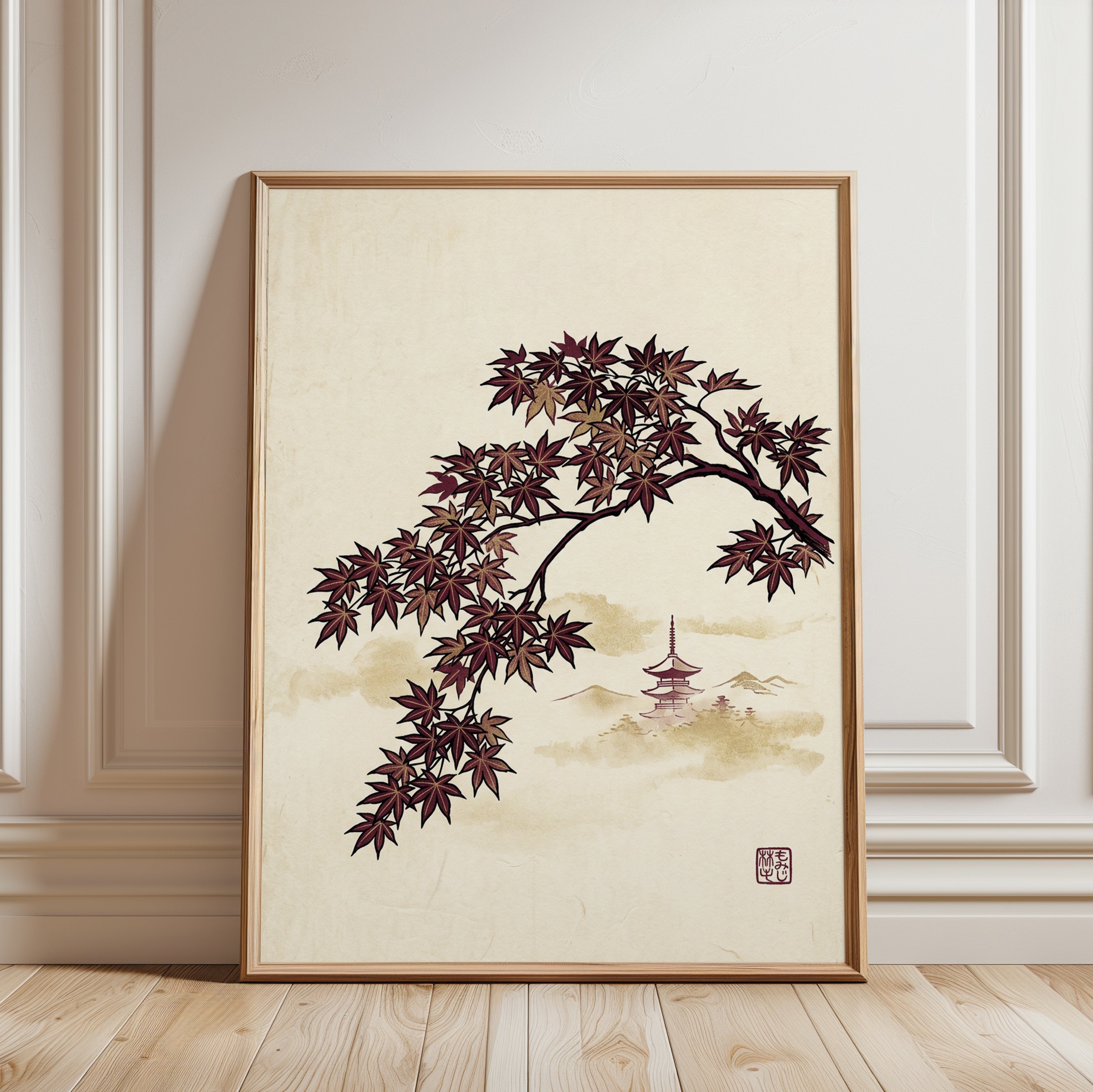 Japanese Maple and Pagoda Art Print: Traditional Asian Landscape - framed detail