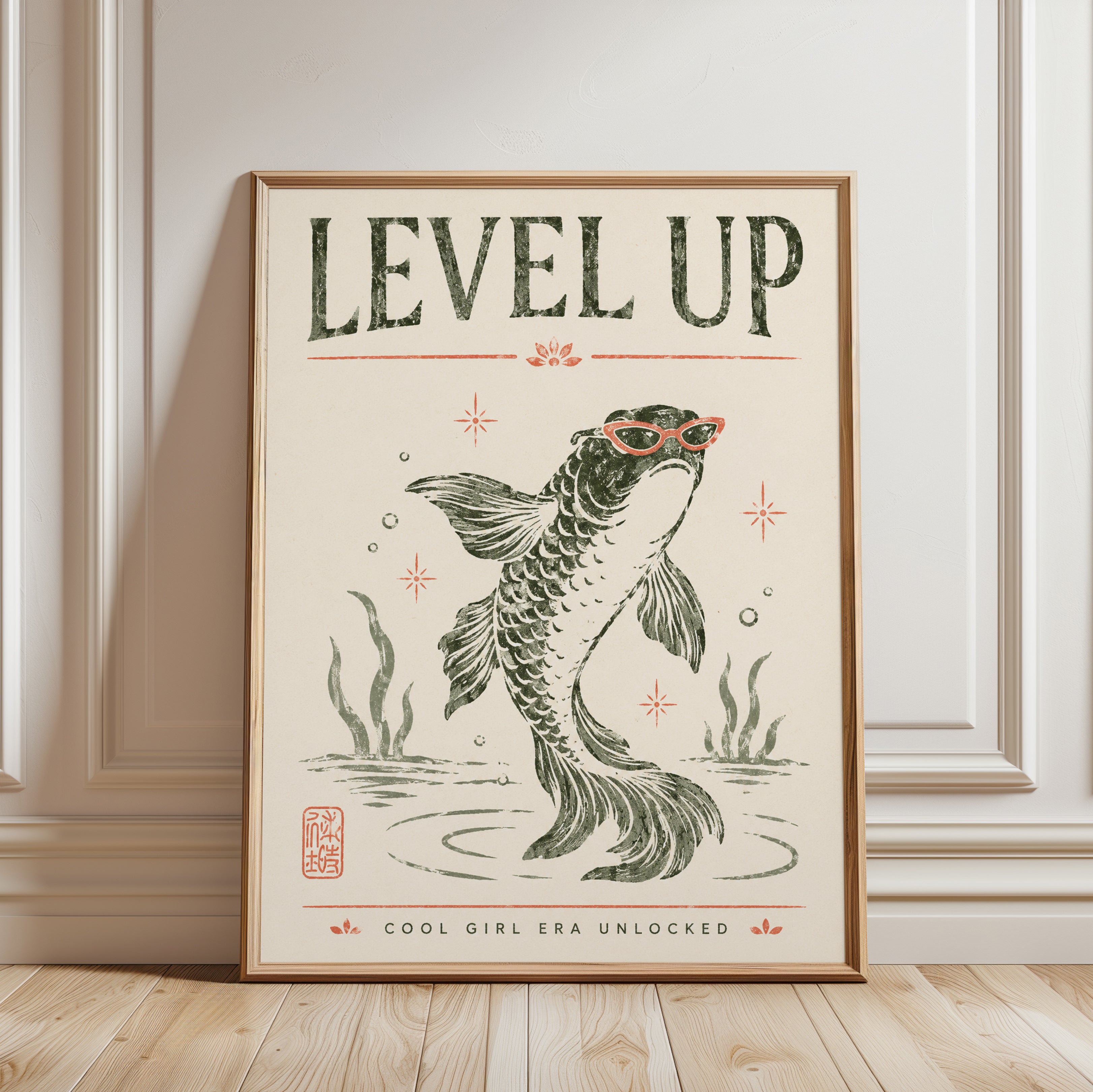 Motivational Fish Wall Art – Level Up Print - framed detail