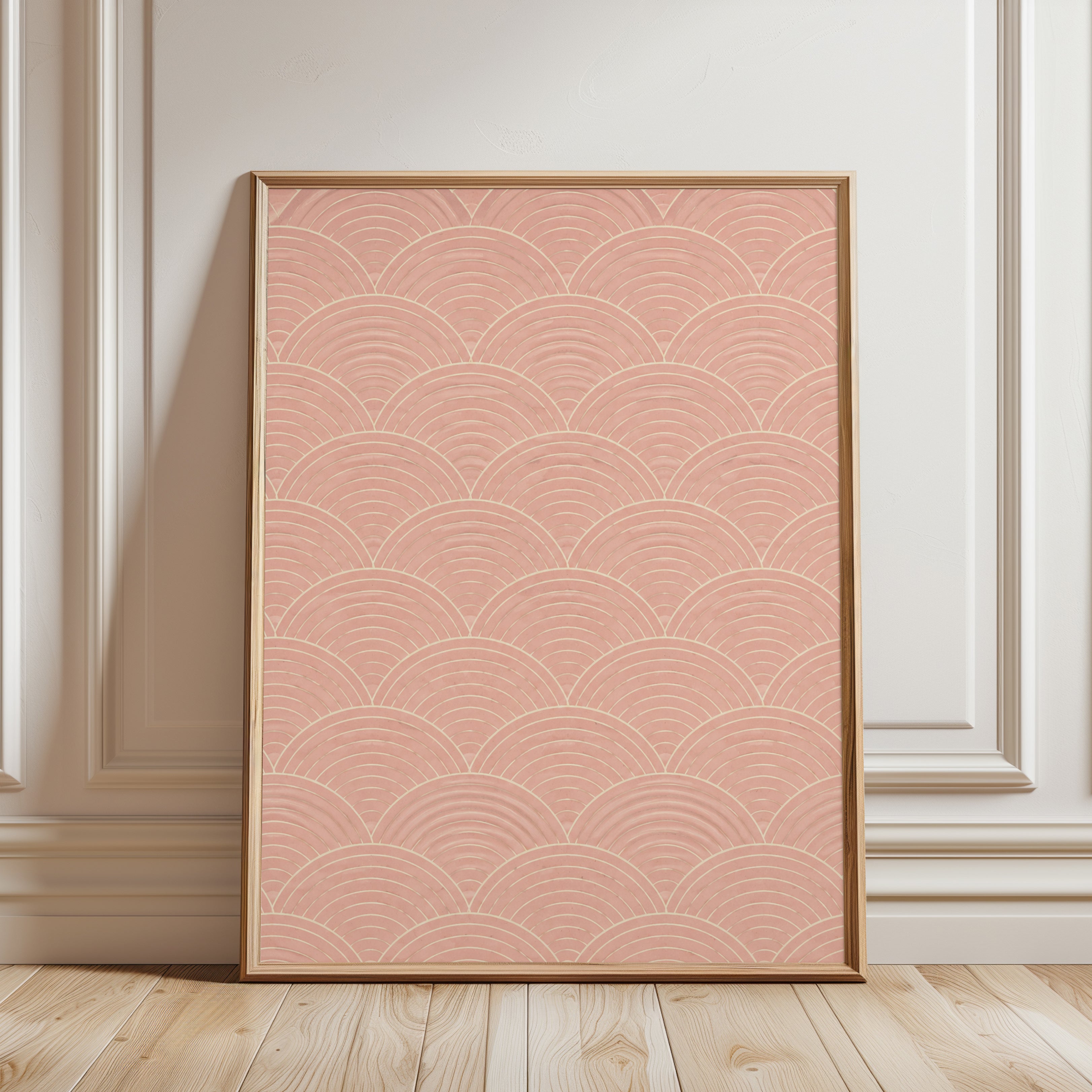 Japanese Wave Print: Modern Seigaiha Pattern in Coral Pink - framed detail