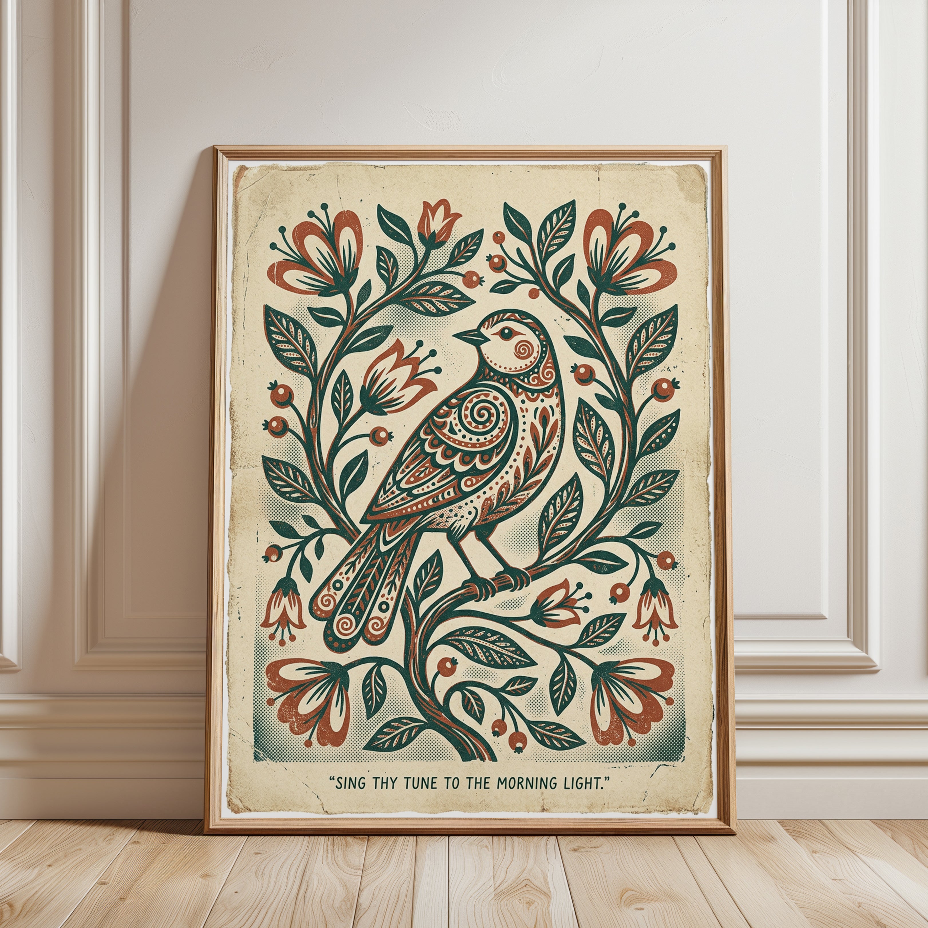 Folk Art Bird Print — Decorative Floral & Botanical - framed detail
