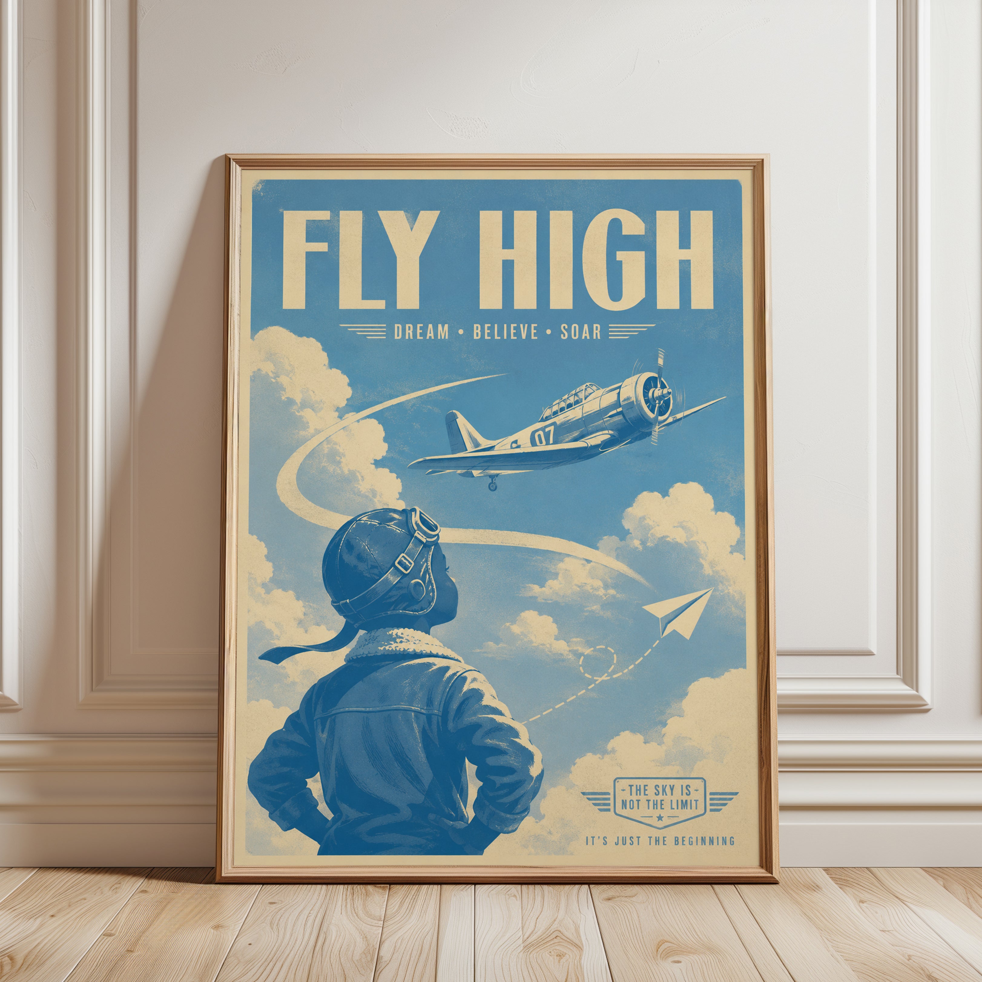 Fly High Vintage Aviation Poster: Retro Pilot Wall Art - framed detail