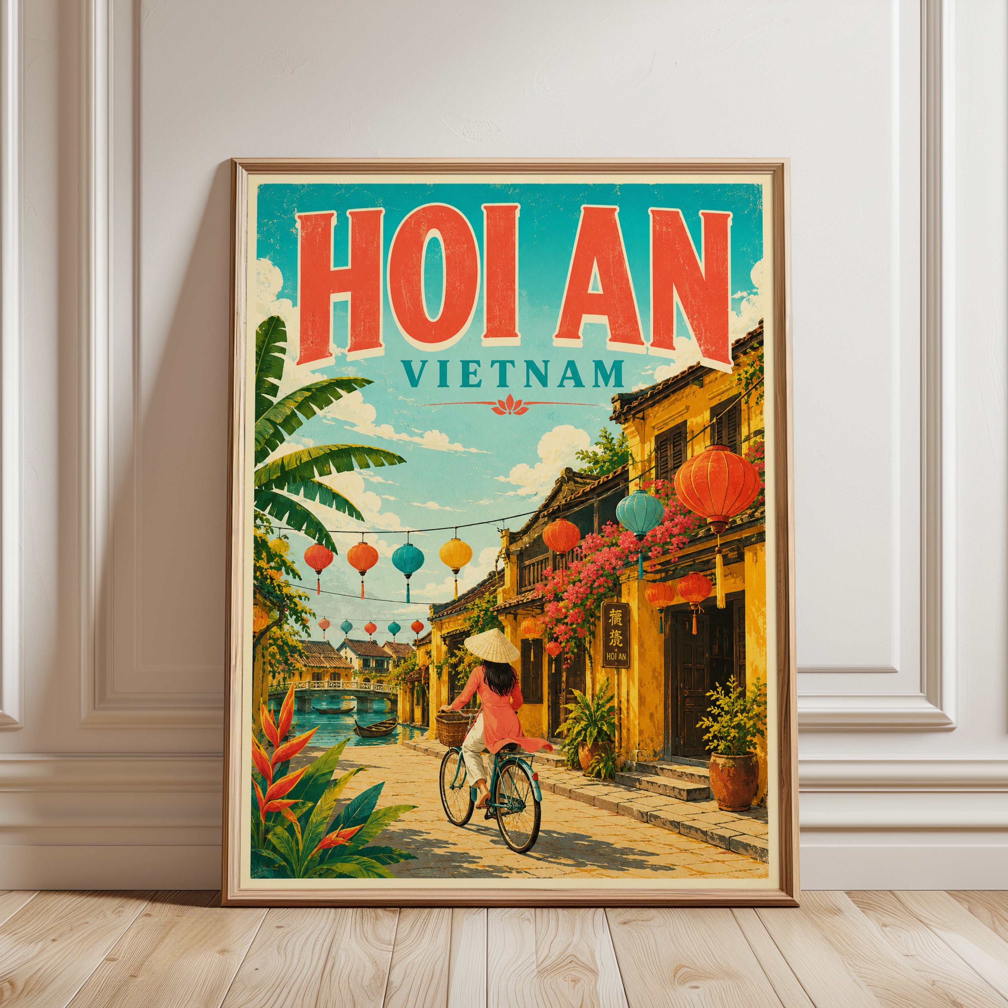 Hoi An Vietnam Travel Poster: Vintage Tropical Street Art Print - framed detail
