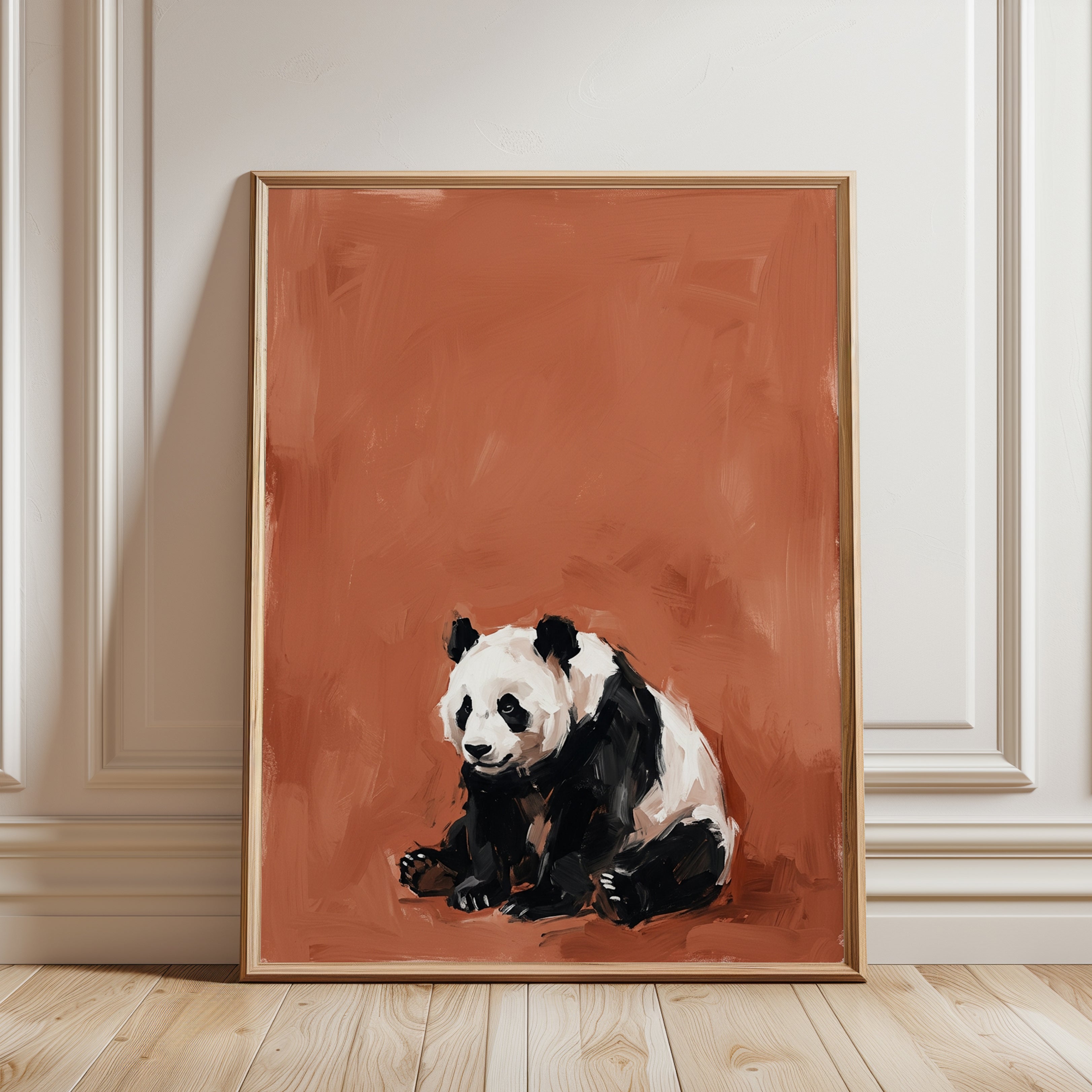 Panda Bear Wall Art: Impressionist Wildlife on Terracotta - framed detail