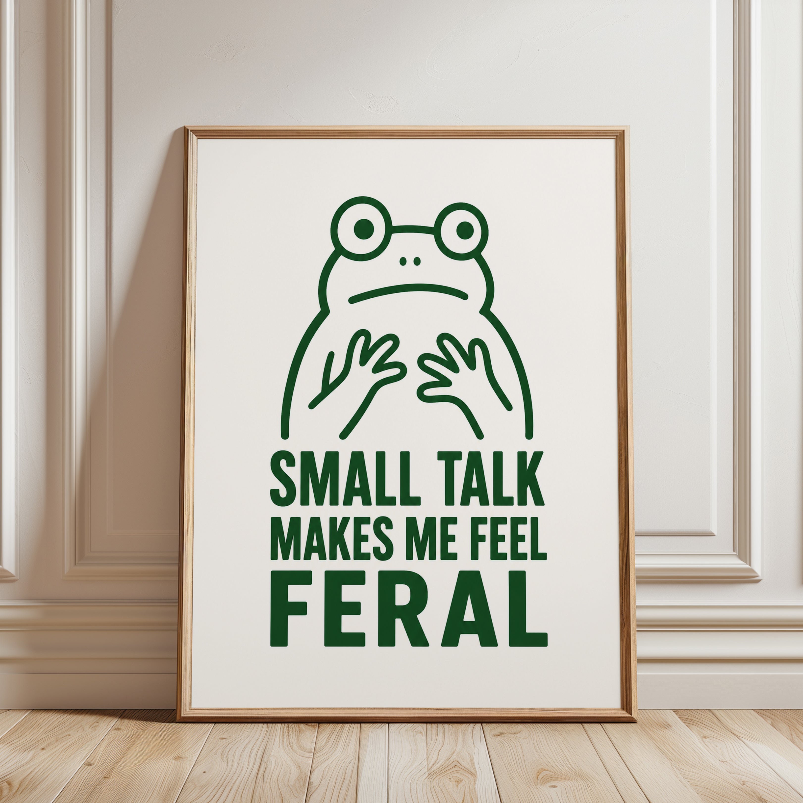 Small Talk Feral Frog Poster: Minimalist Green Typography Art - framed detail