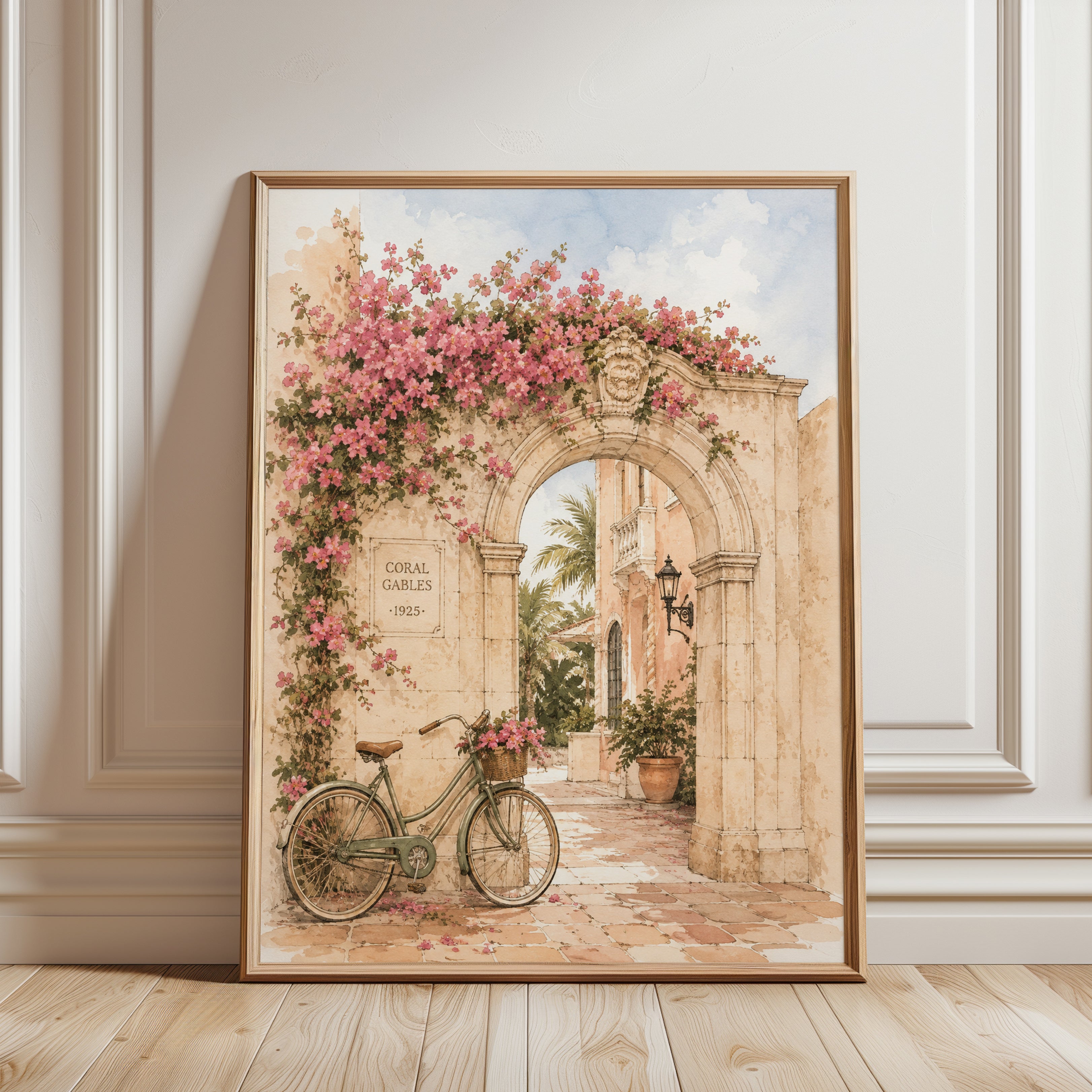 Coral Gables Archway Art Print: Vintage Watercolor Florida Scene - framed detail