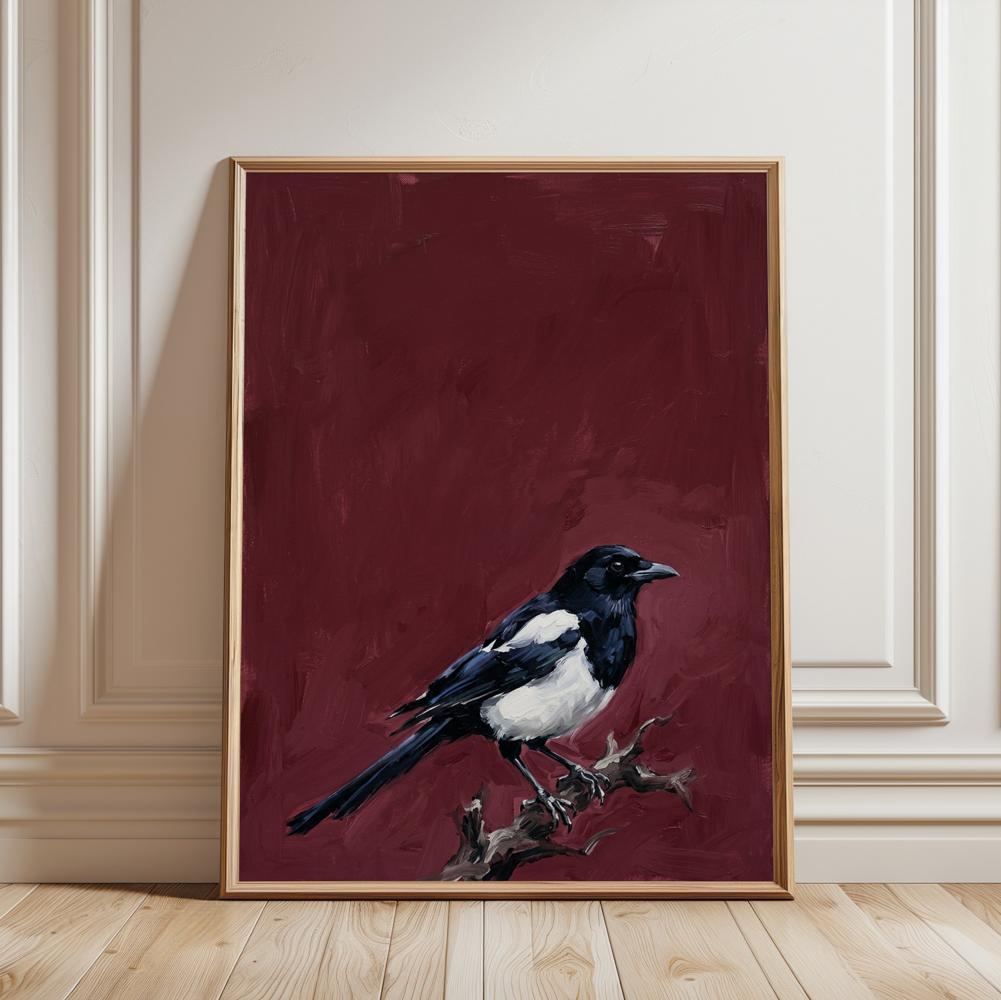 Magpie Bird Print — Realistic Oil Painting Style - framed detail