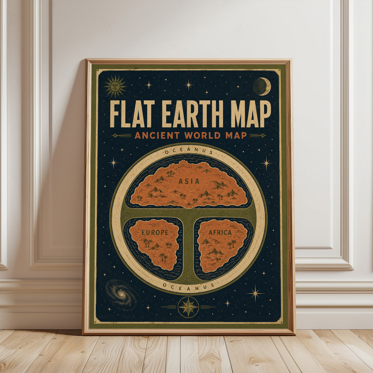 Flat Earth Map Print: Ancient World - framed detail