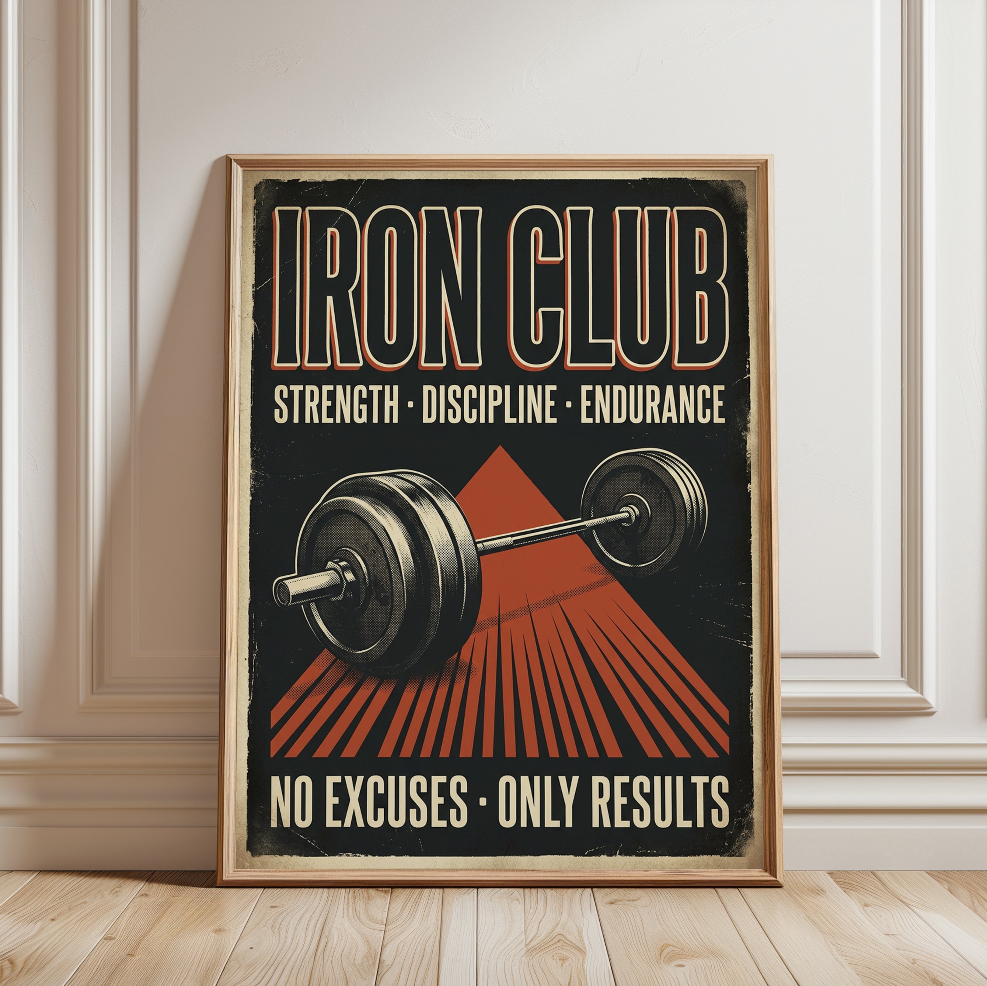 Vintage Iron Club Gym Poster — Retro Weightlifting Print - framed detail