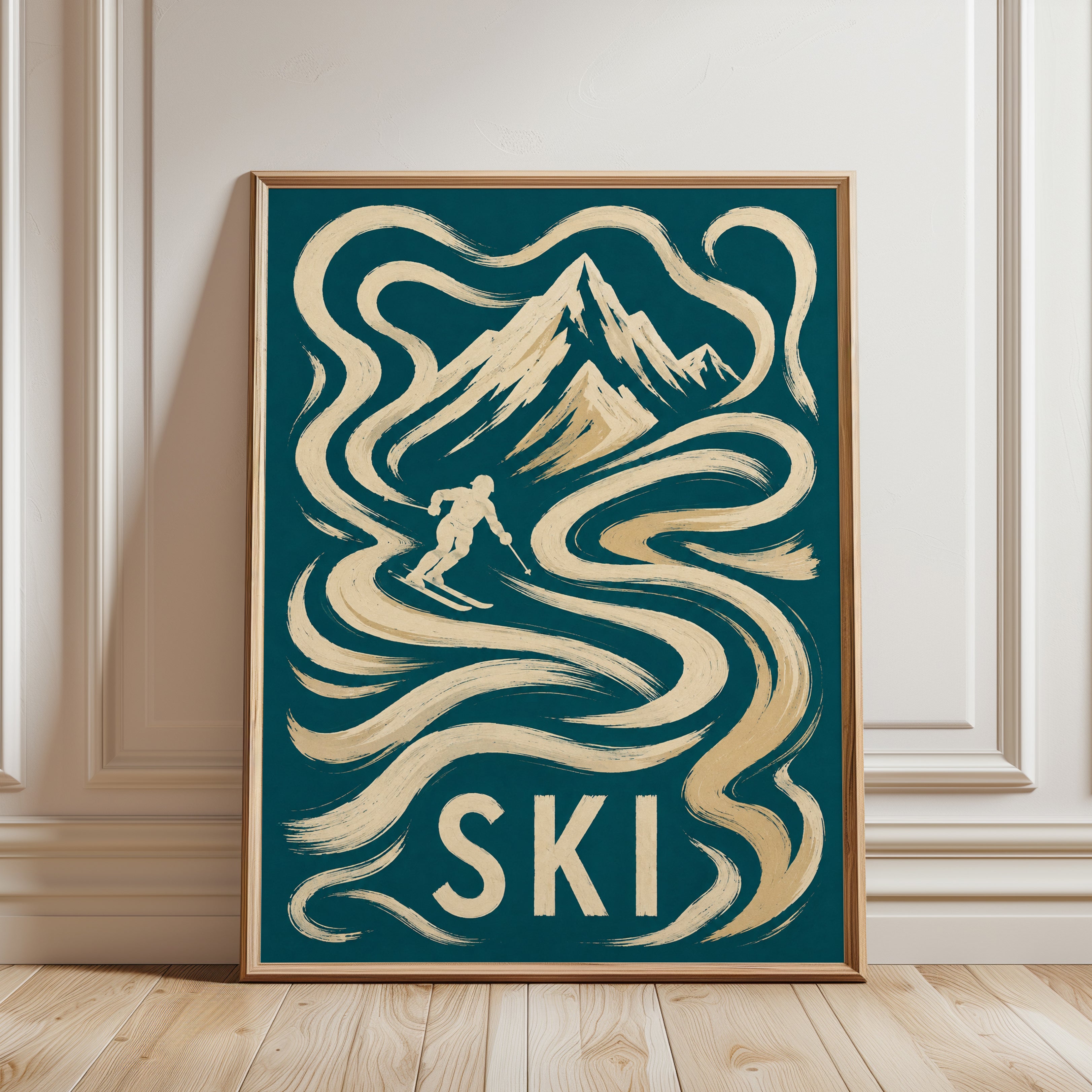 Vintage Ski Poster – Retro Mountain Wall Art - framed detail