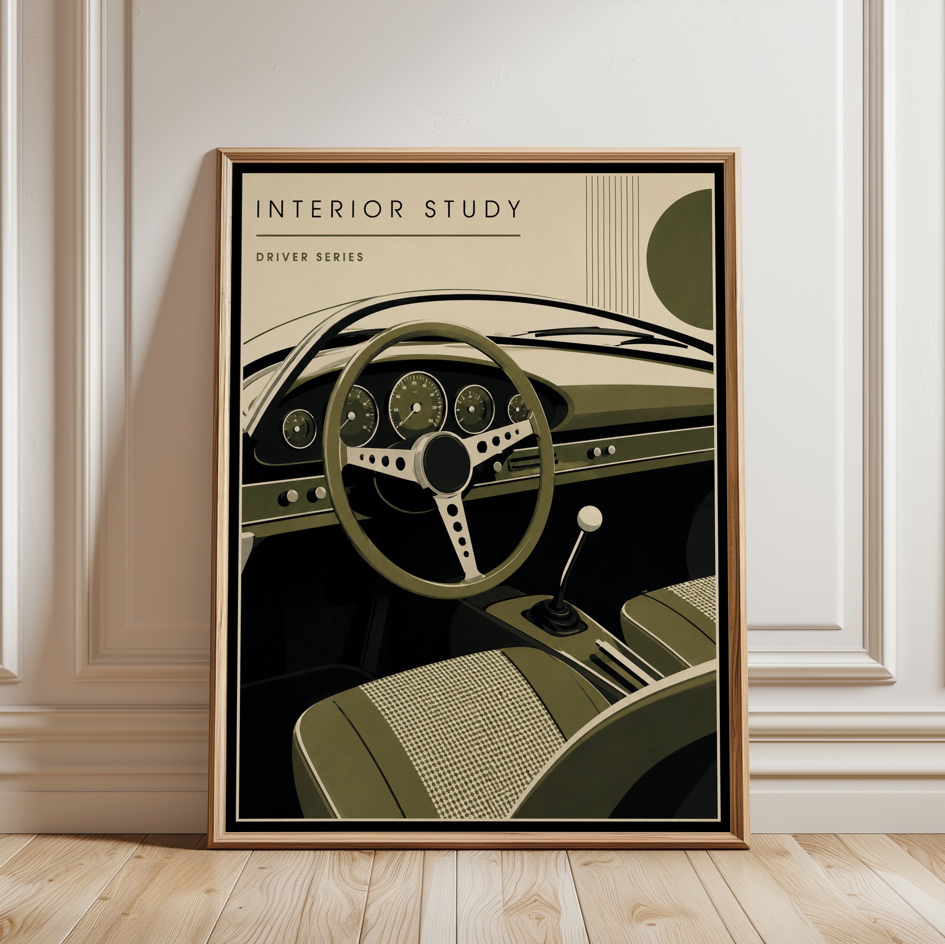 Car Interior Wall Art: Retro Dashboard and Steering Wheel - framed detail