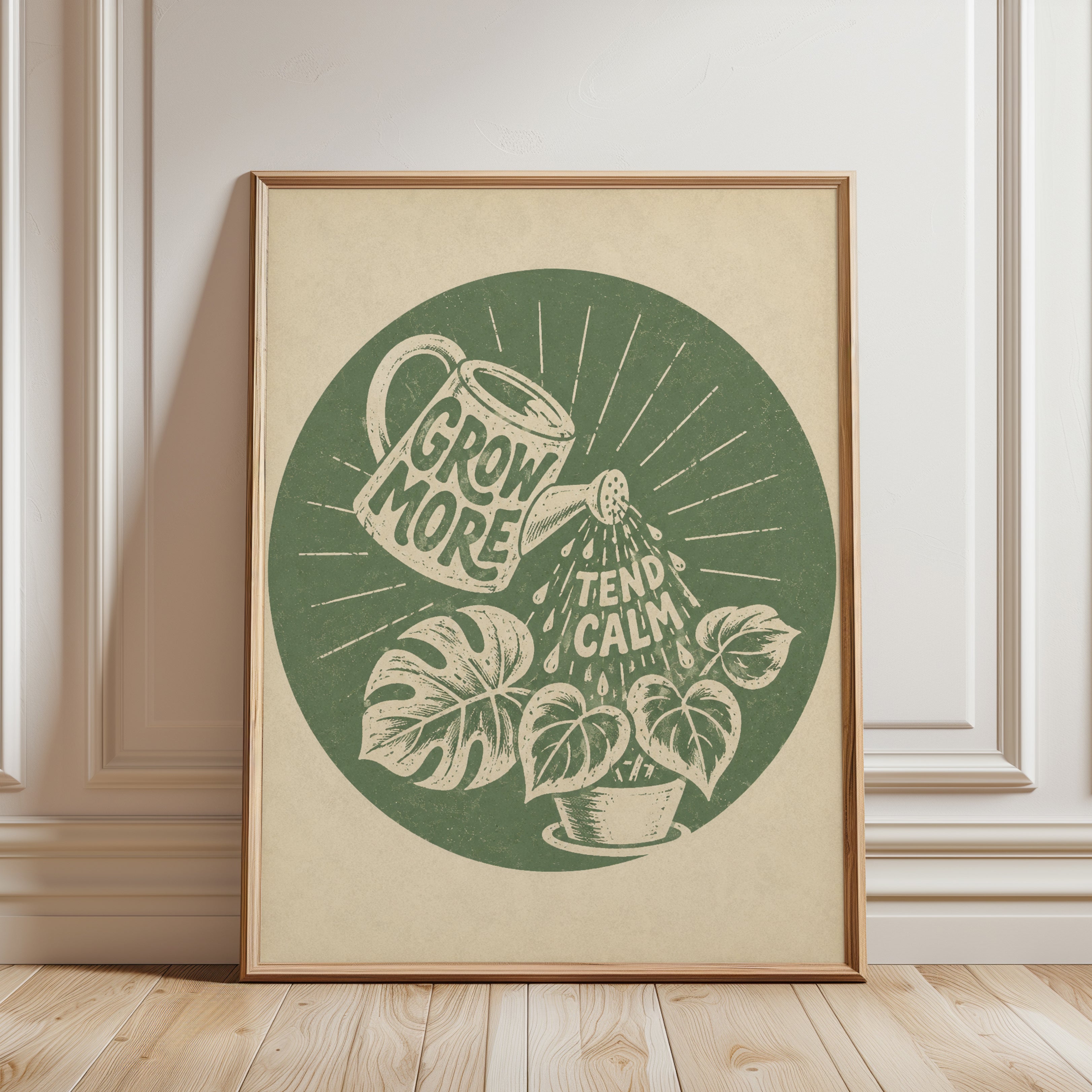 Grow More Tend Calmly Plant Print: Vintage Botanical Linocut Art - framed detail