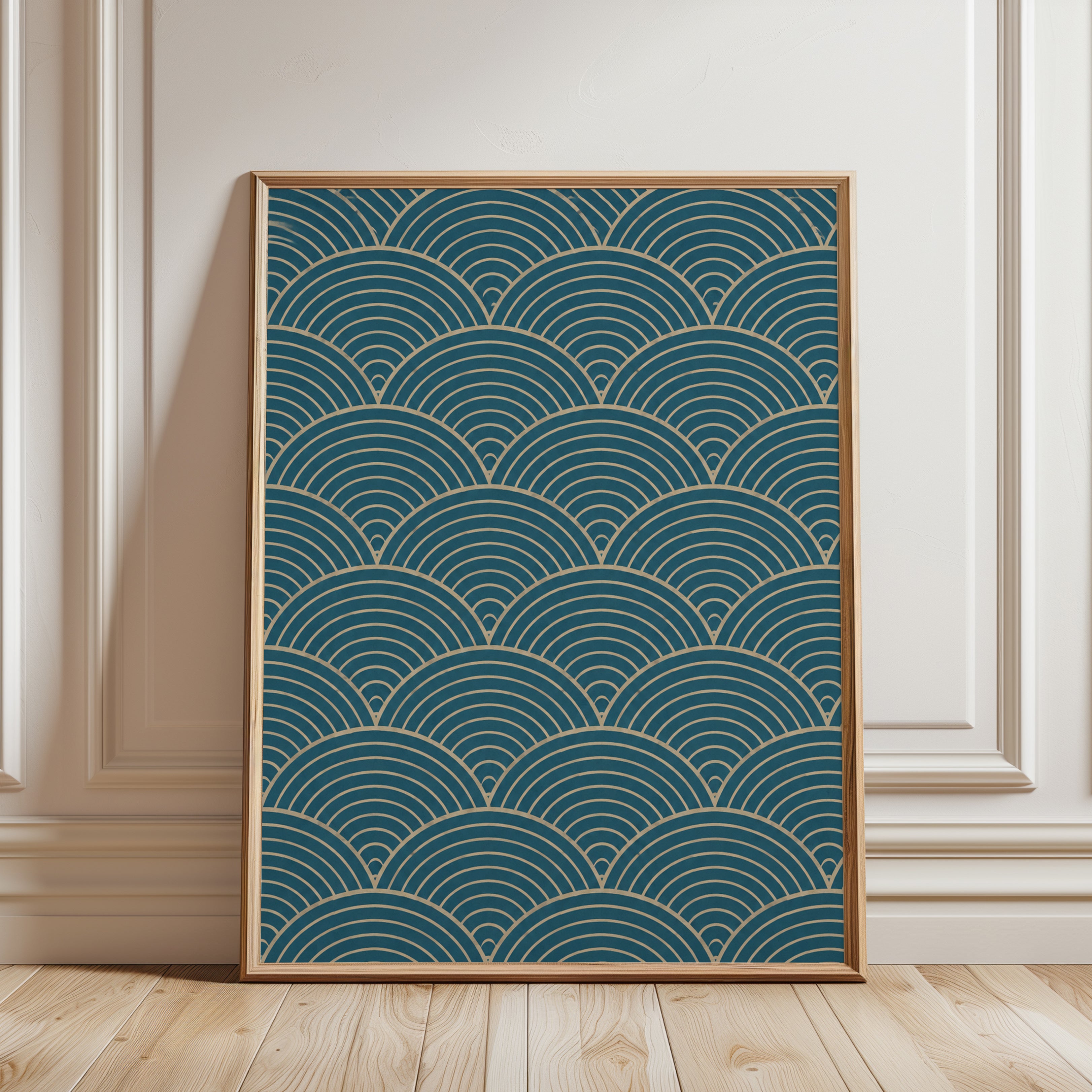 Teal and Gold Japanese Wave Print - framed detail