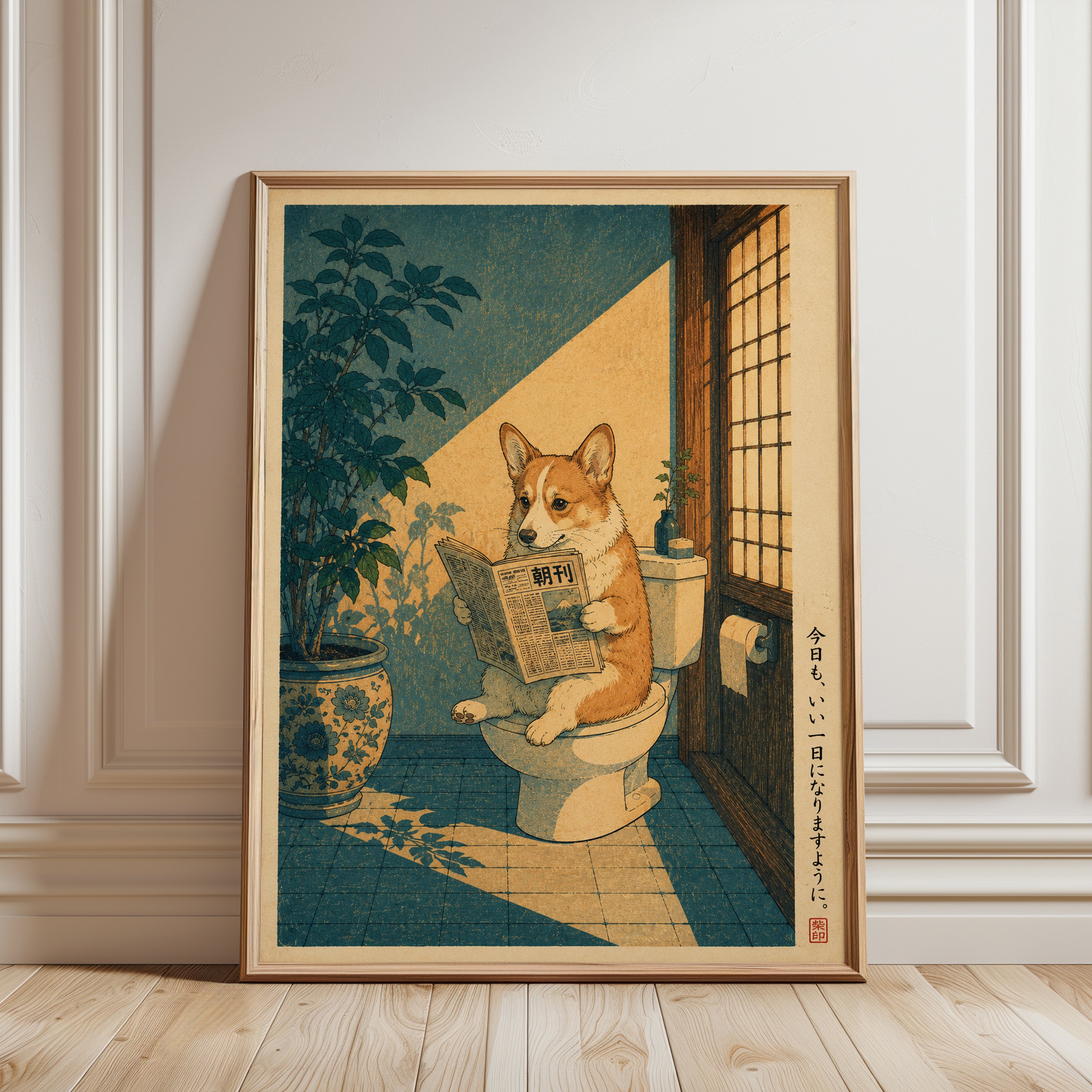 Japanese Dog Wall Art – Corgi Bathroom Print - framed detail