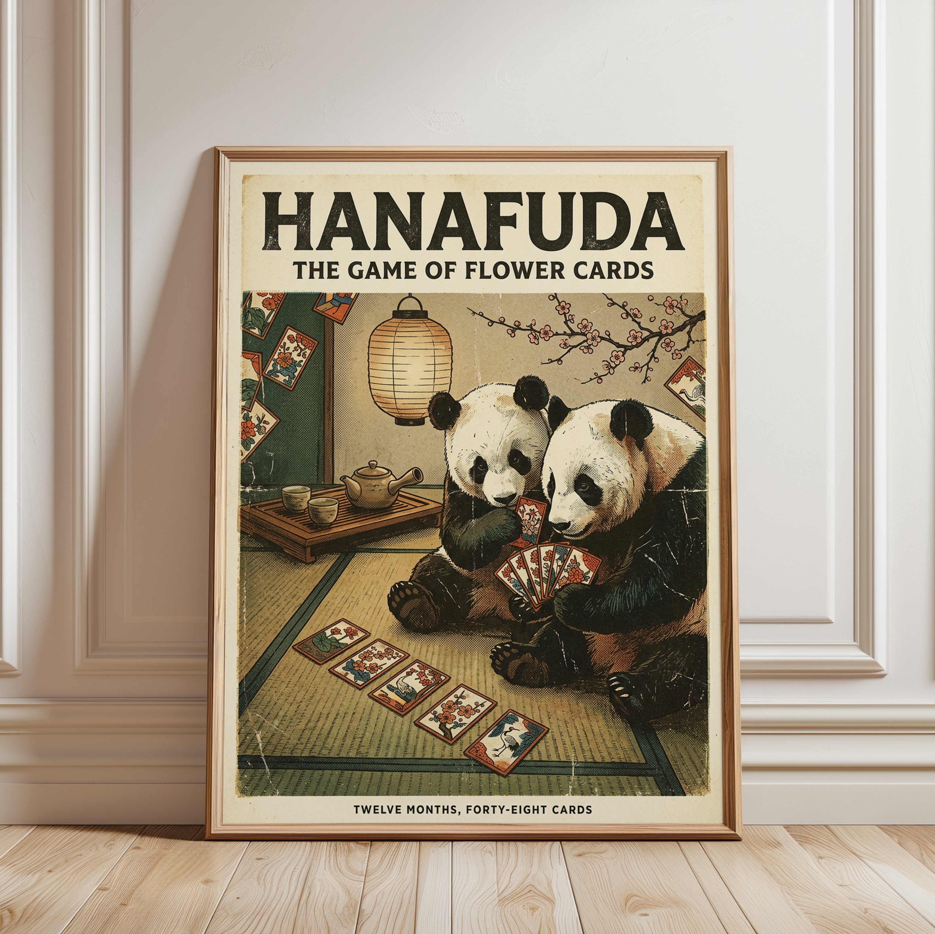 Hanafuda Pandas Print: Vintage Japanese Card Game Poster - framed detail