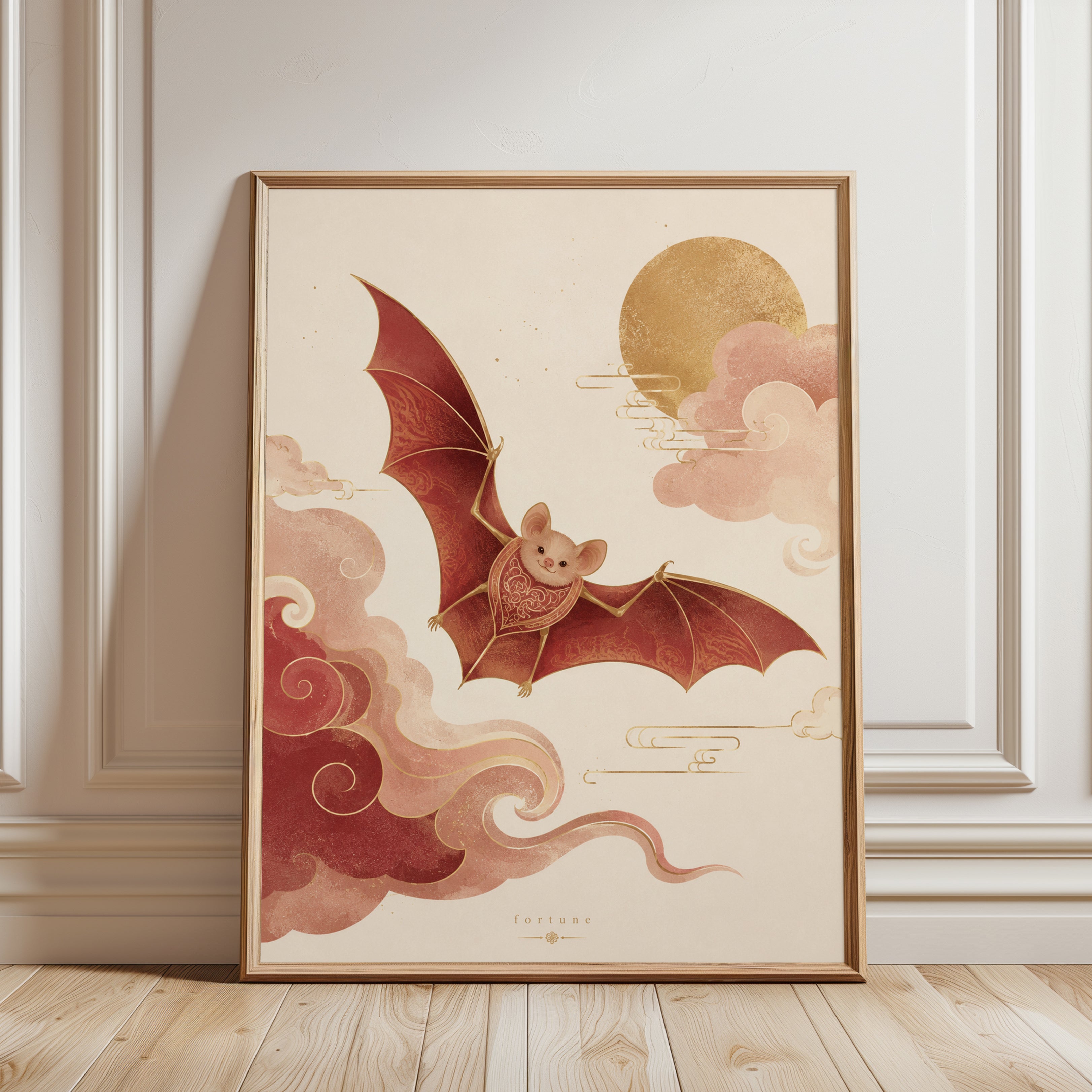Oriental Bat Wall Art – Asian Folk Art Print - framed detail