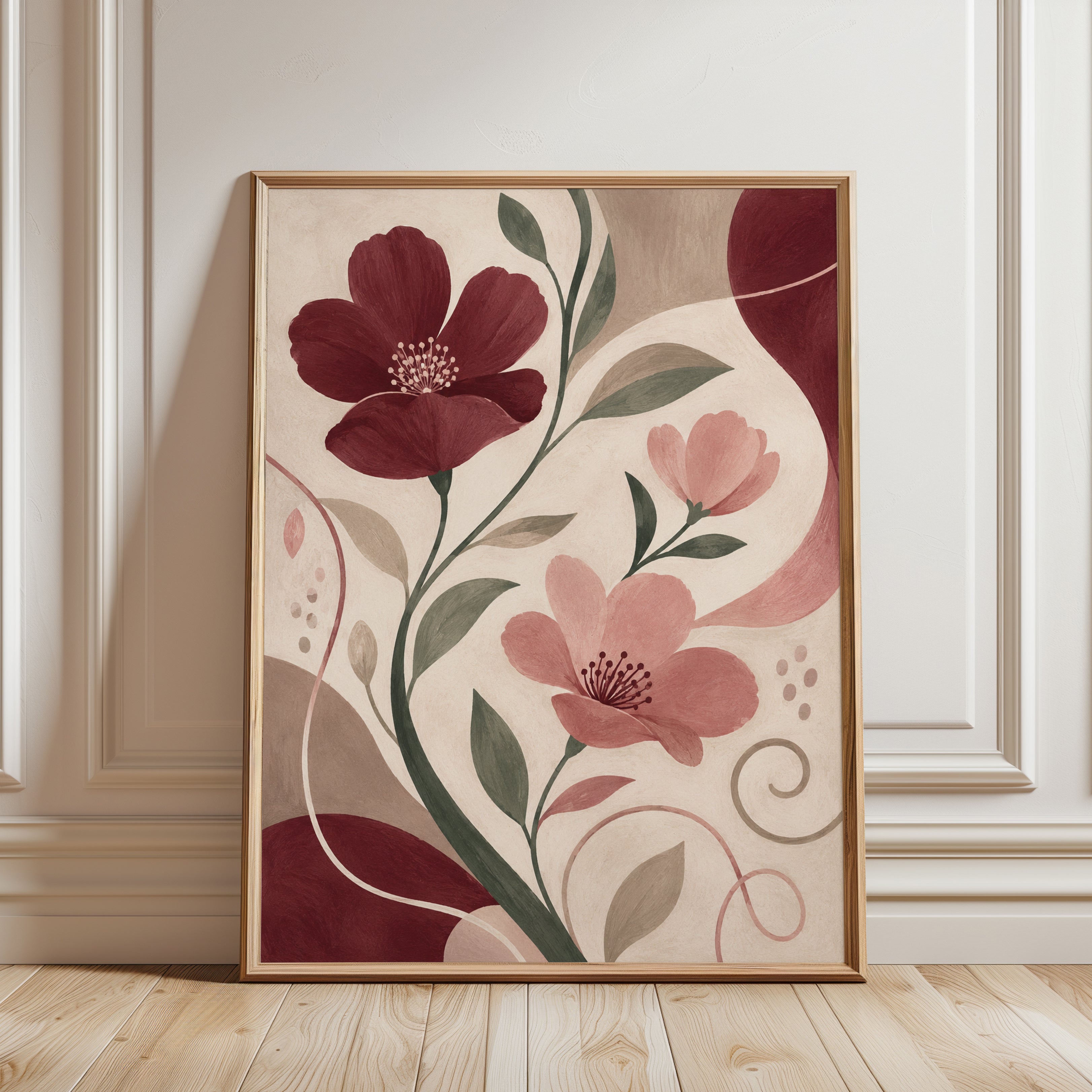 Art Nouveau Floral Wall Art: Burgundy and Pink Botanical Design - framed detail