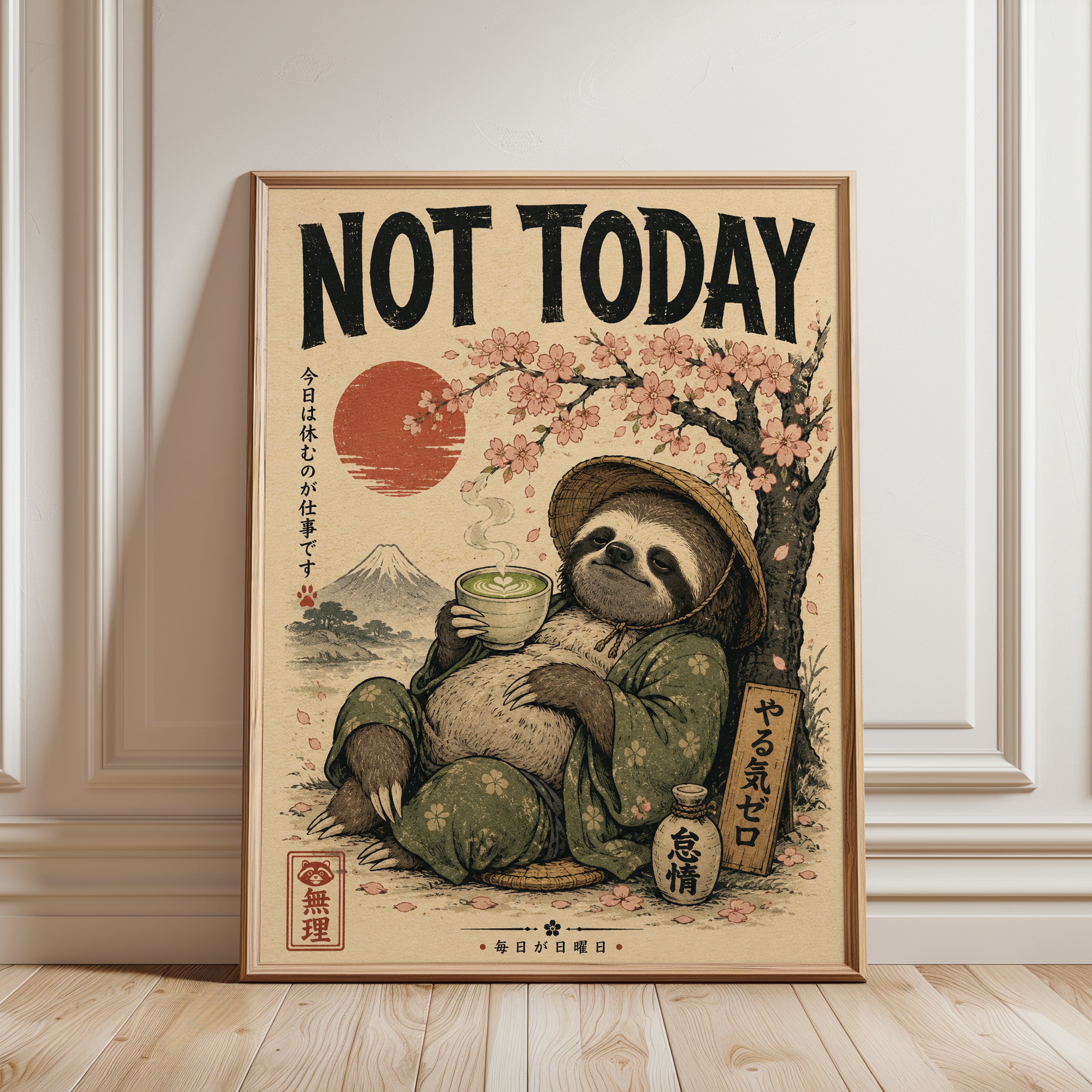 Sloth Wall Art – Japanese Inspired Print - framed detail