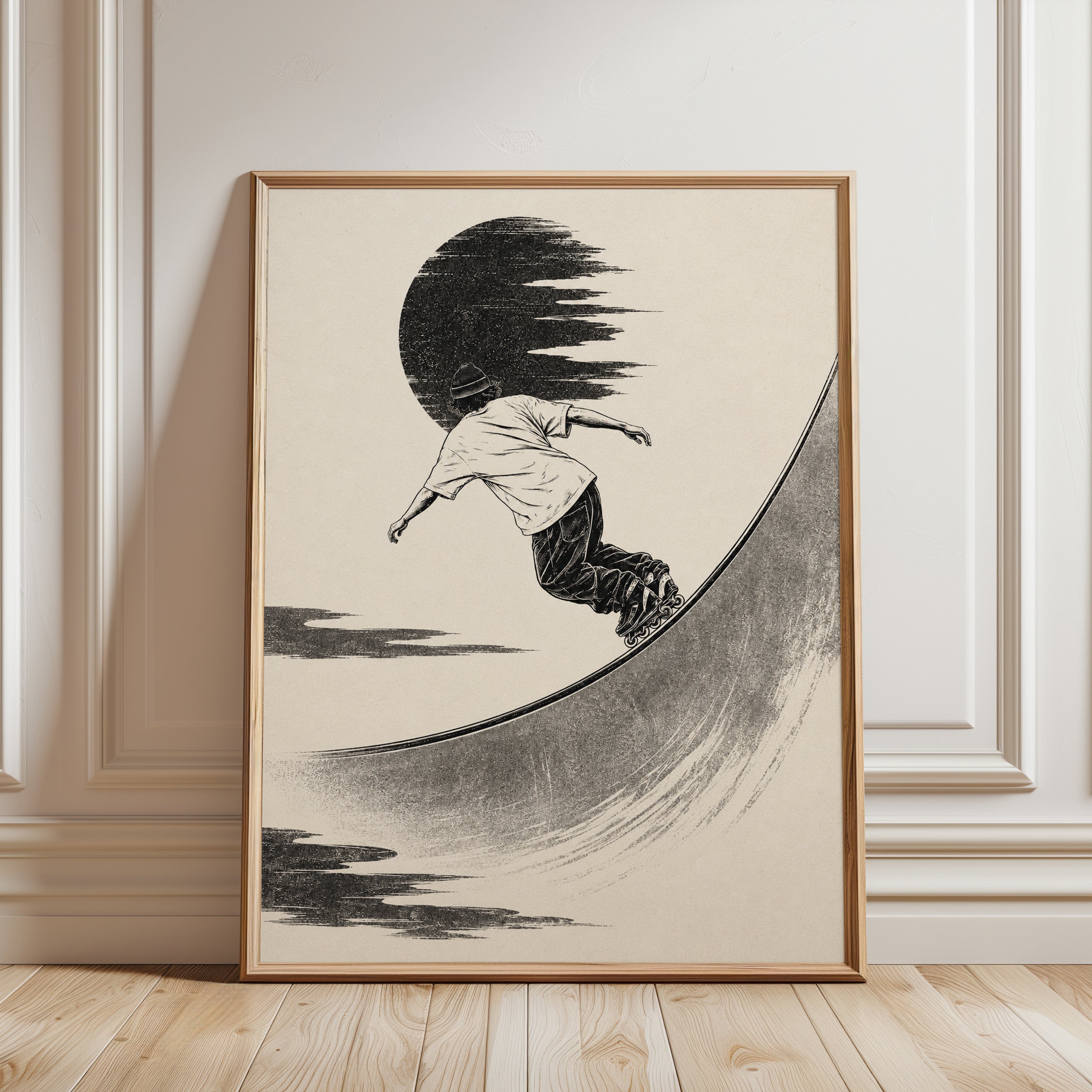 Skateboard Halfpipe Art Print: Minimalist Black Beige Design - framed detail
