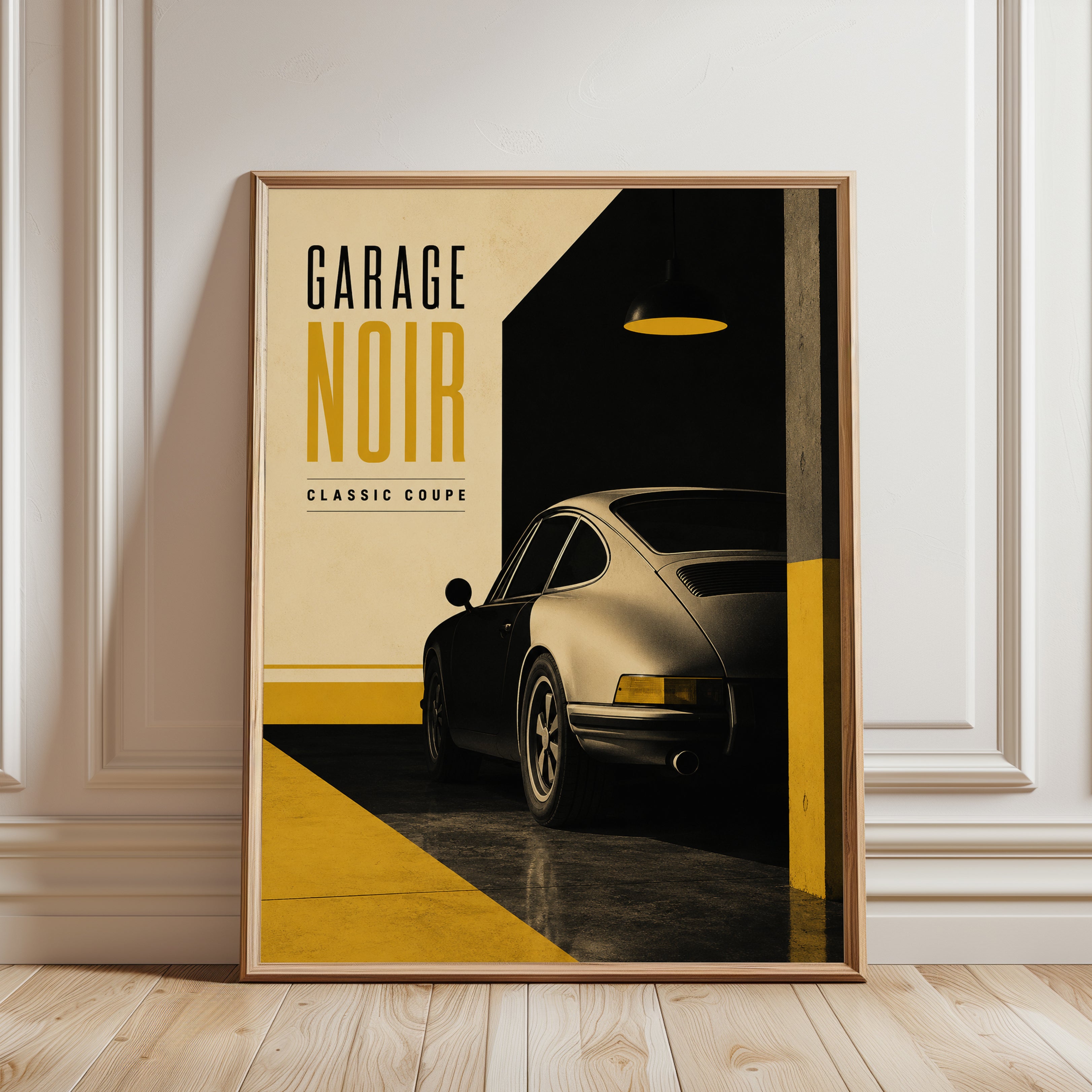 Garage Noir Classic Coupe Poster: Vintage Sports Car Art Print - framed detail