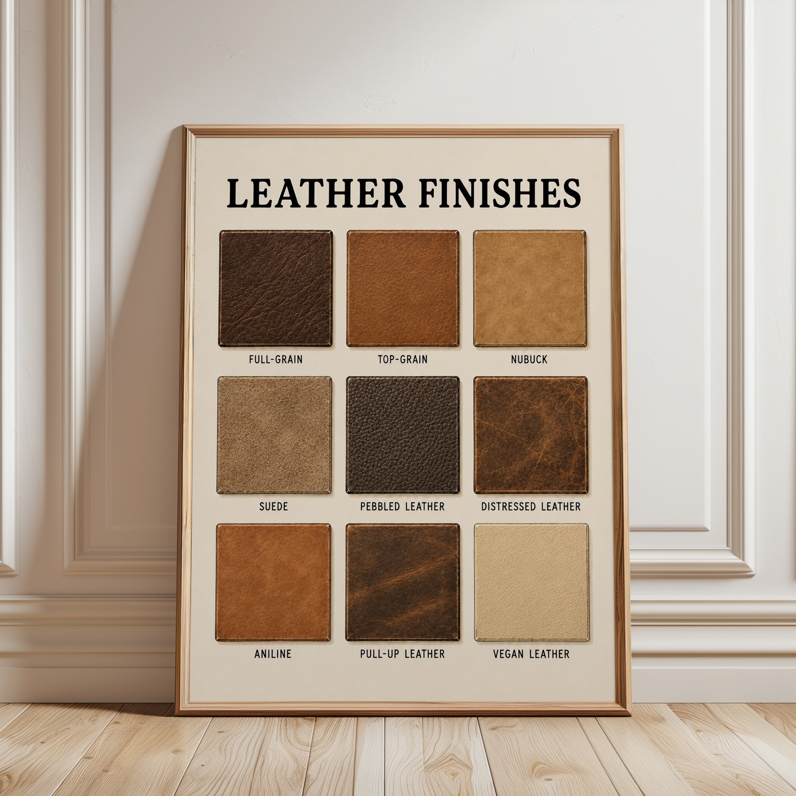 Leather Finishes Reference Chart: Vintage Educational Poster - framed detail