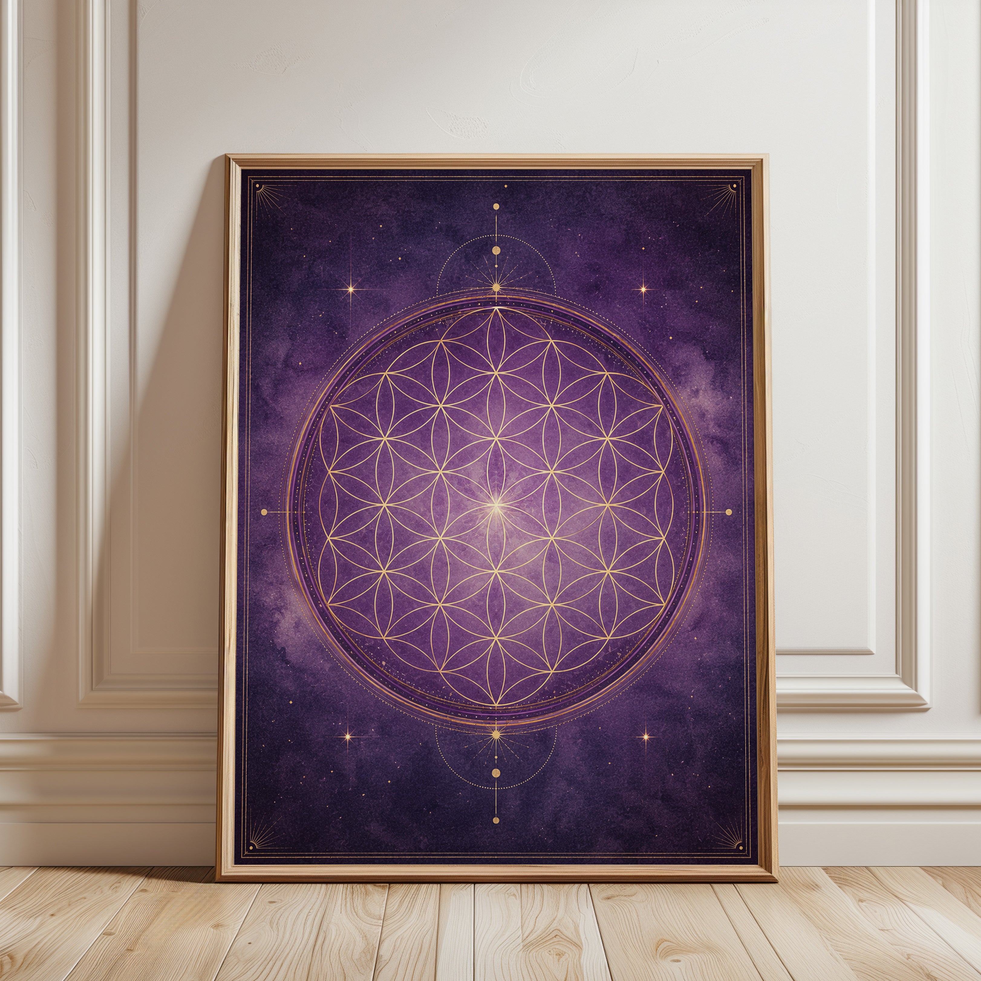 Flower of Life Sacred Geometry Print: Purple and Gold Mandala - framed detail