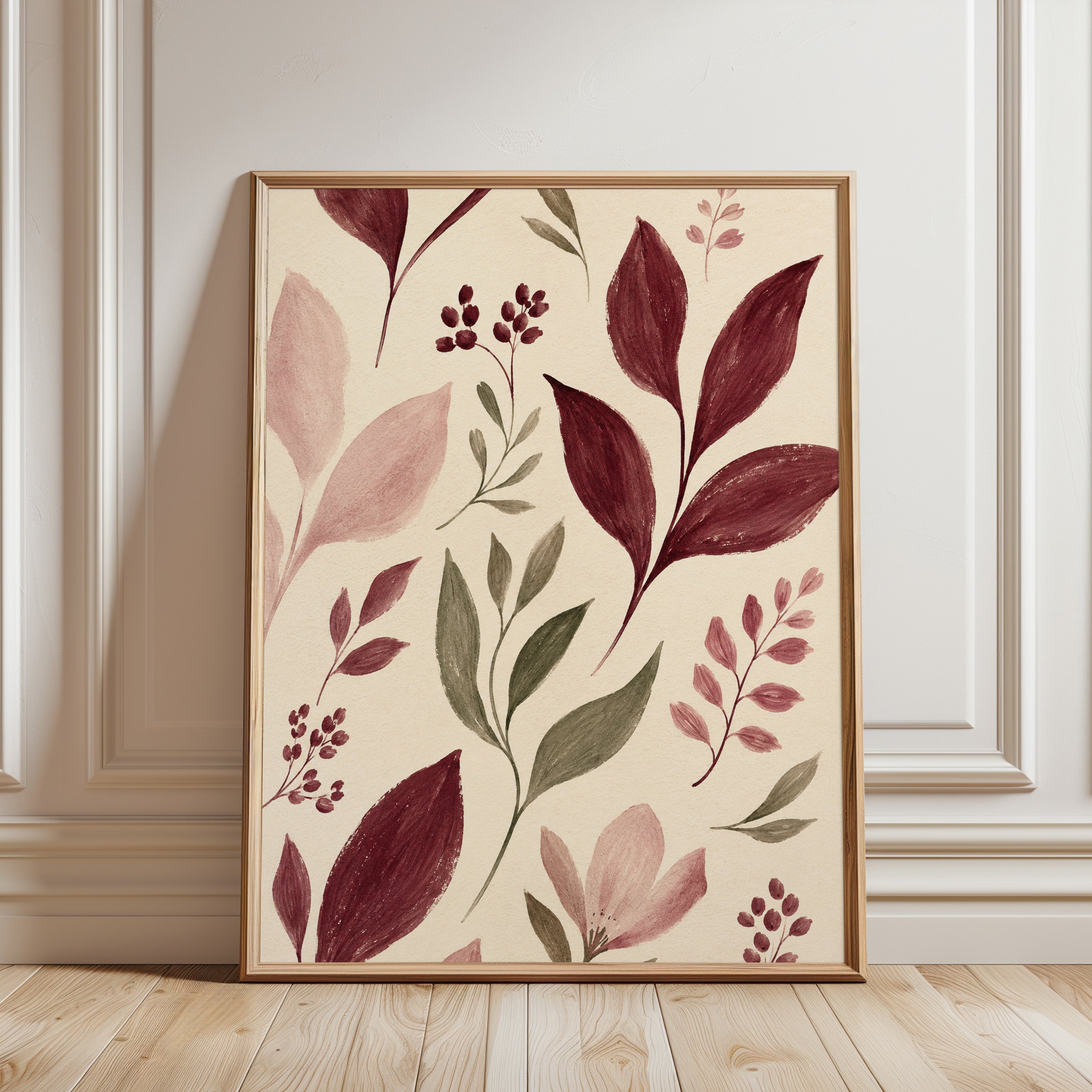 Burgundy Botanical Art Print: Watercolor Leaves and Berries - framed detail