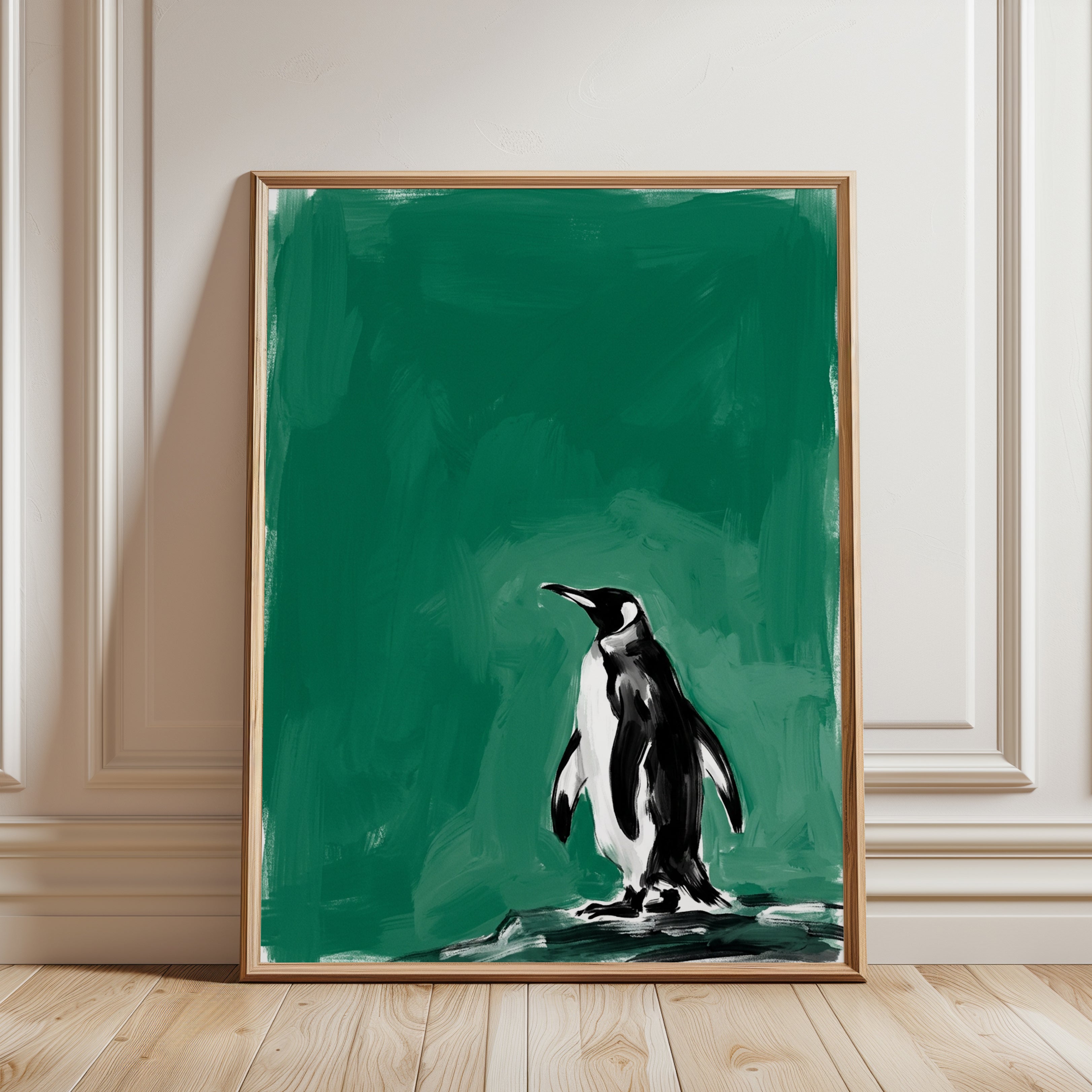 Penguin Art Print: Minimalist Black and White on Teal Green - framed detail