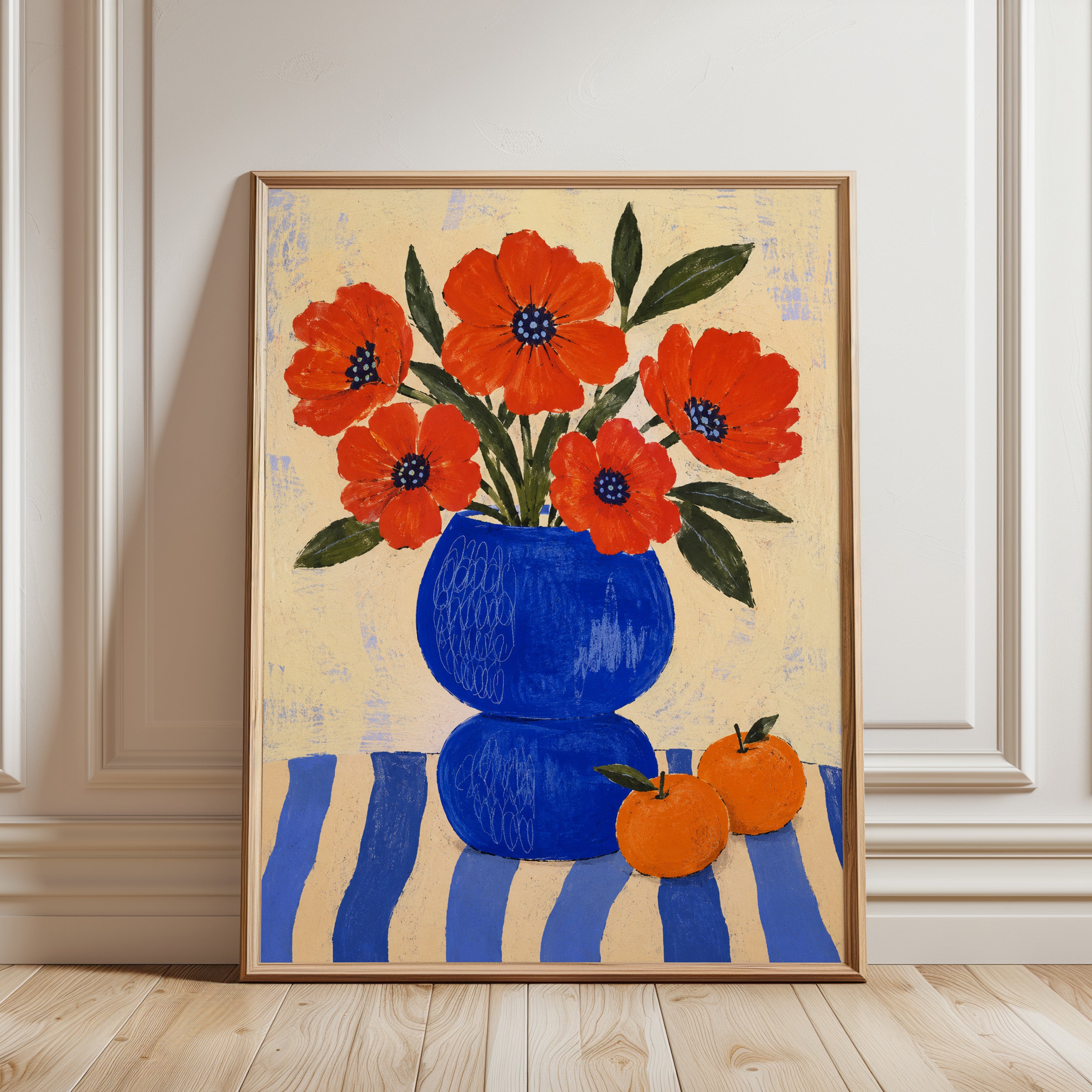 Red Poppy Wall Art – Folk Art Floral Print - framed detail