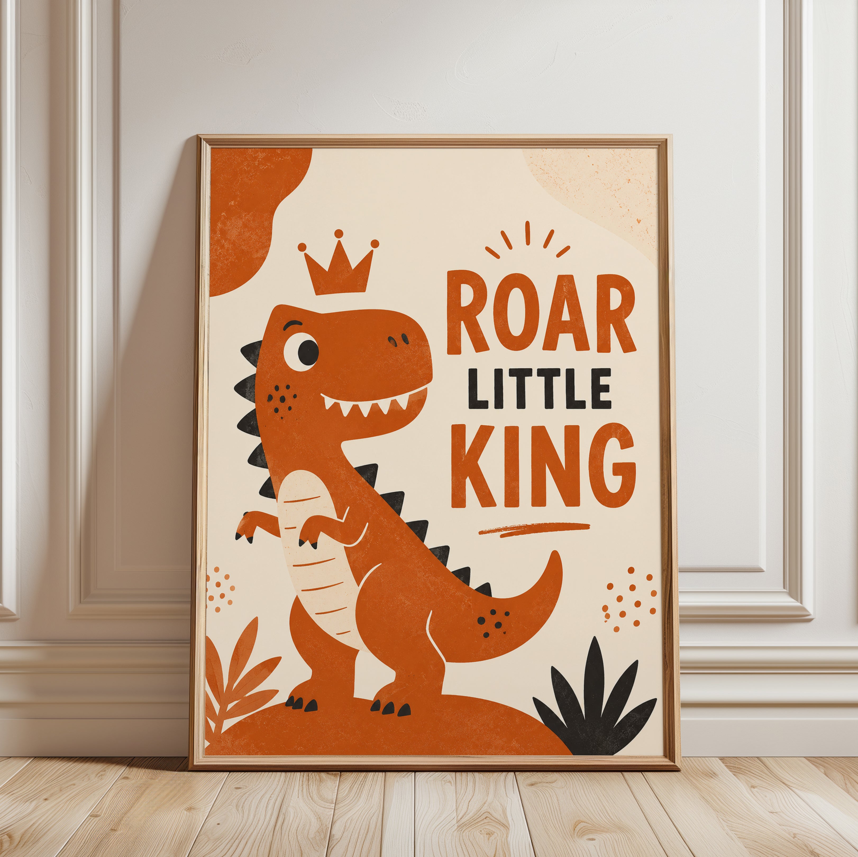 Roar Little King Dinosaur Poster: Retro Orange Nursery Art Print - framed detail