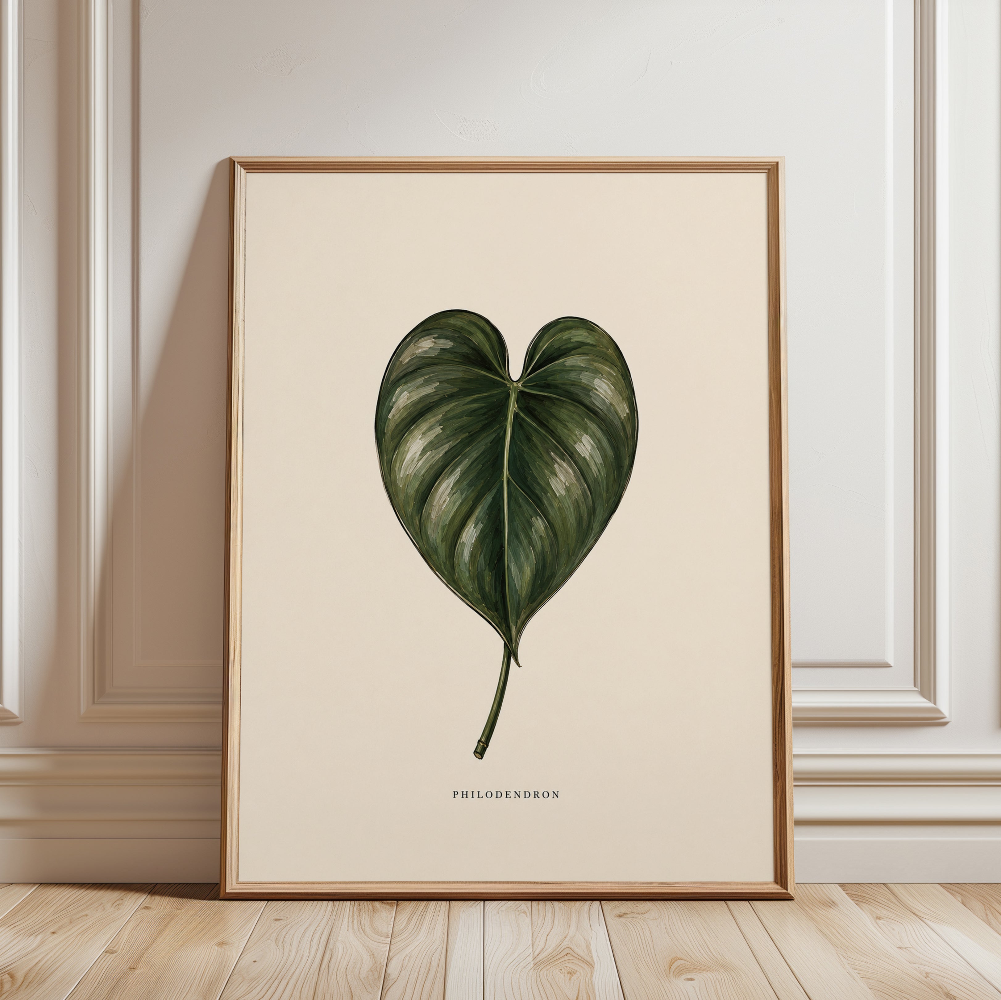Philodendron Leaf Botanical Print: Vintage Green Wall Art - framed detail