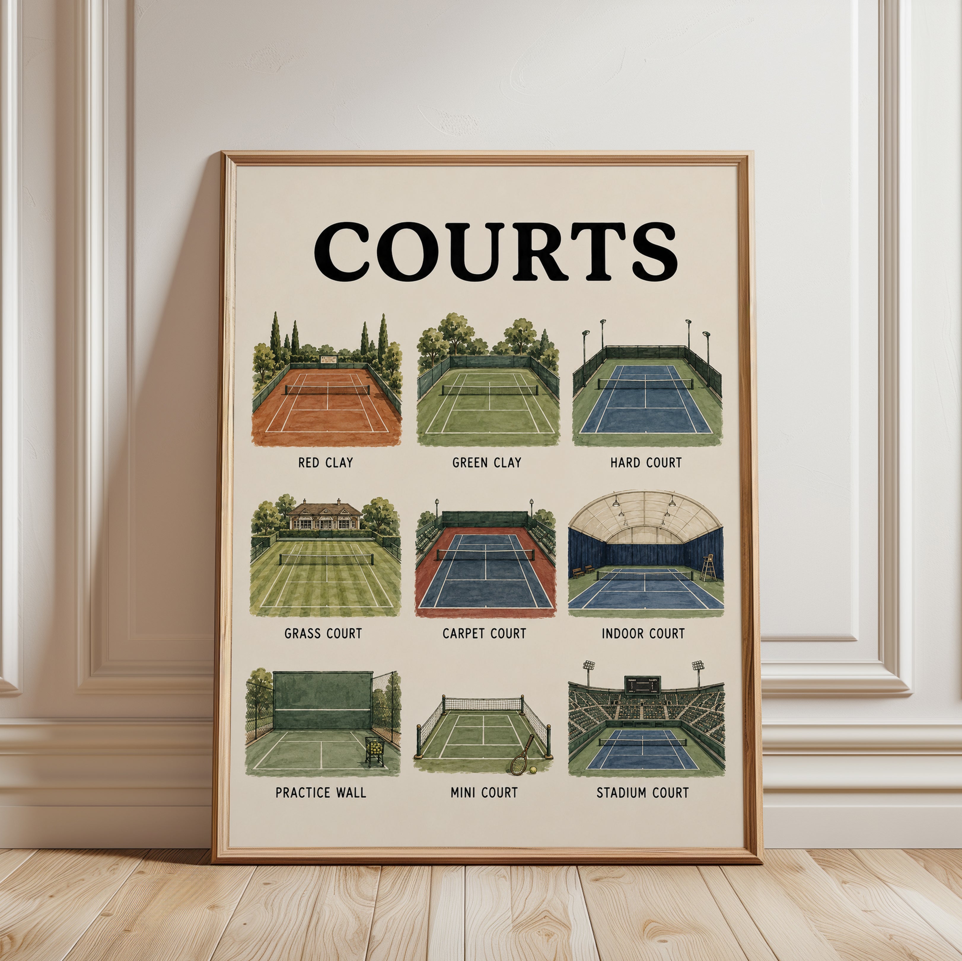 Tennis Courts Chart Print — Illustrated Guide to Court Types - framed detail