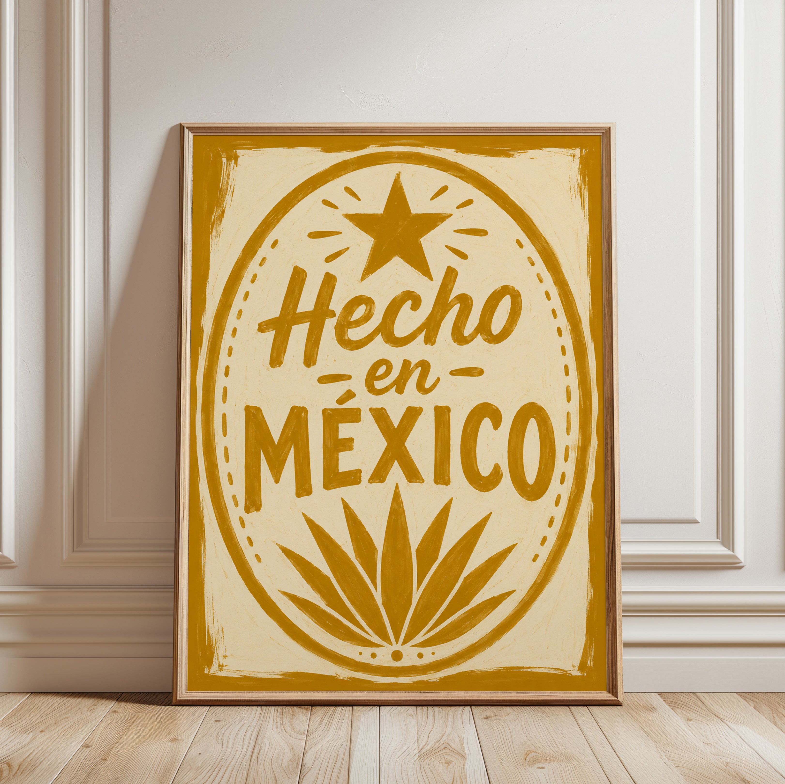 Hecho en Mexico Print: Vintage Mustard Yellow Badge Design - framed detail