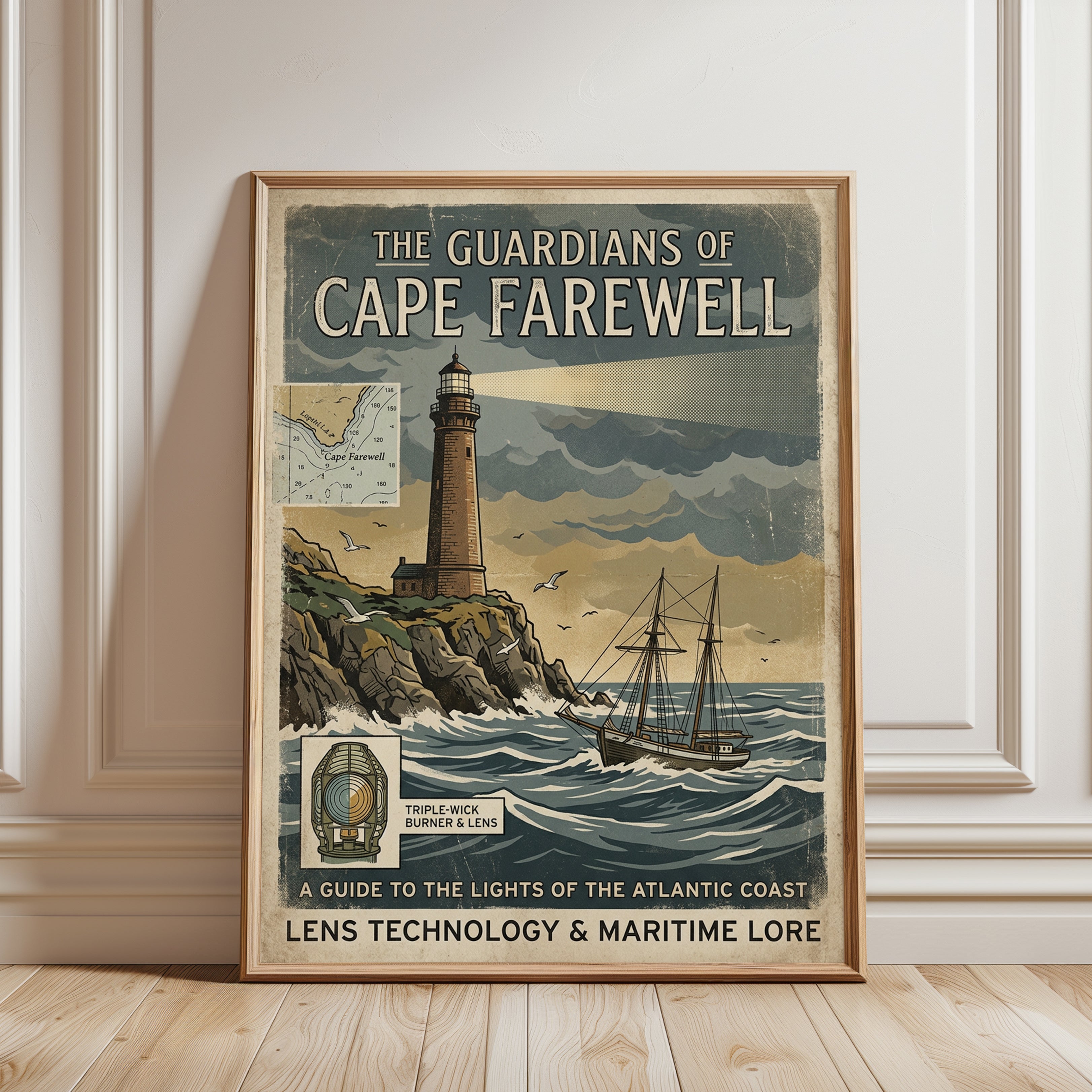 Cape Farewell Lighthouse Poster: Vintage Maritime Navigation Art - framed detail