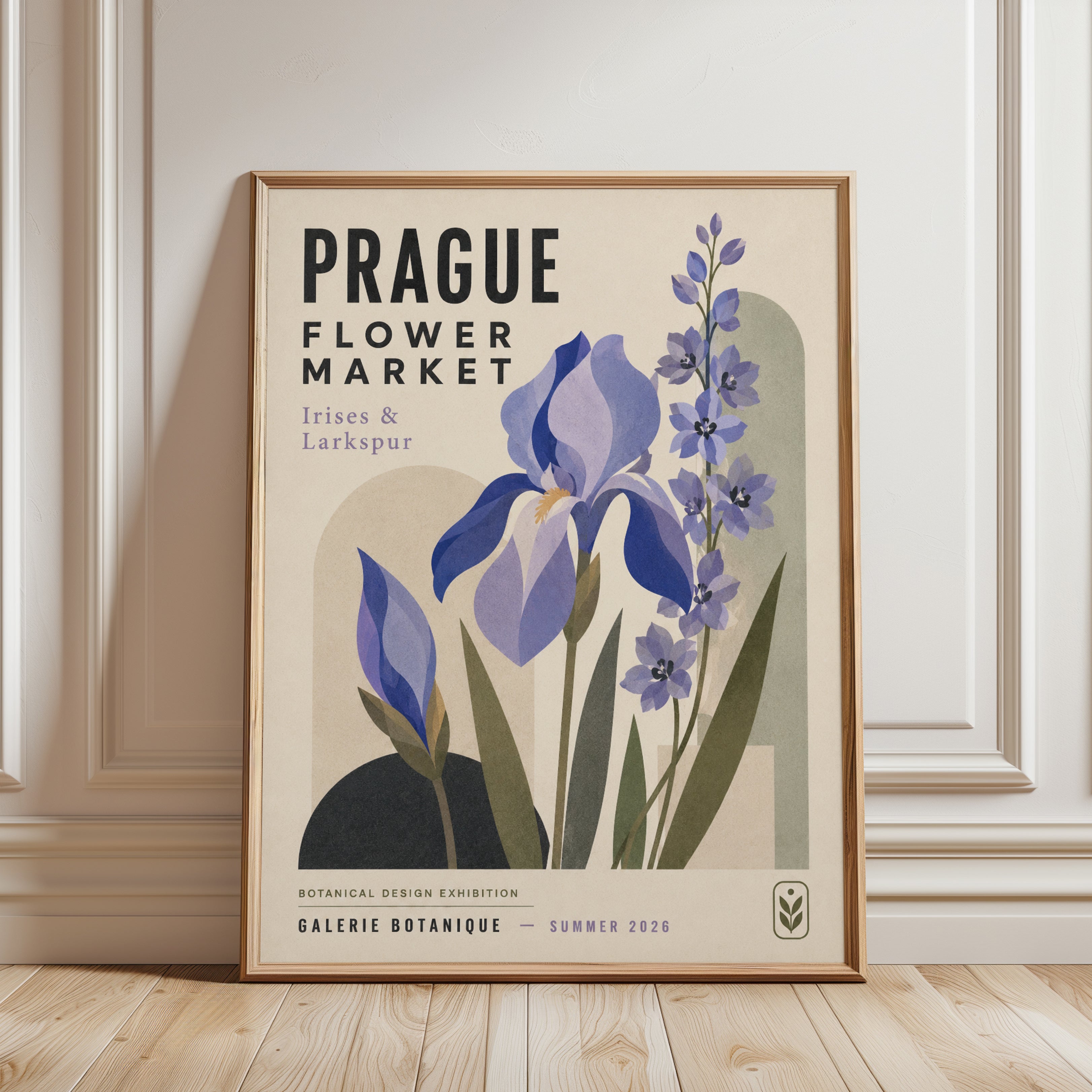 Botanical Poster Print — Prague Flower Market Iris & Larkspur - framed detail