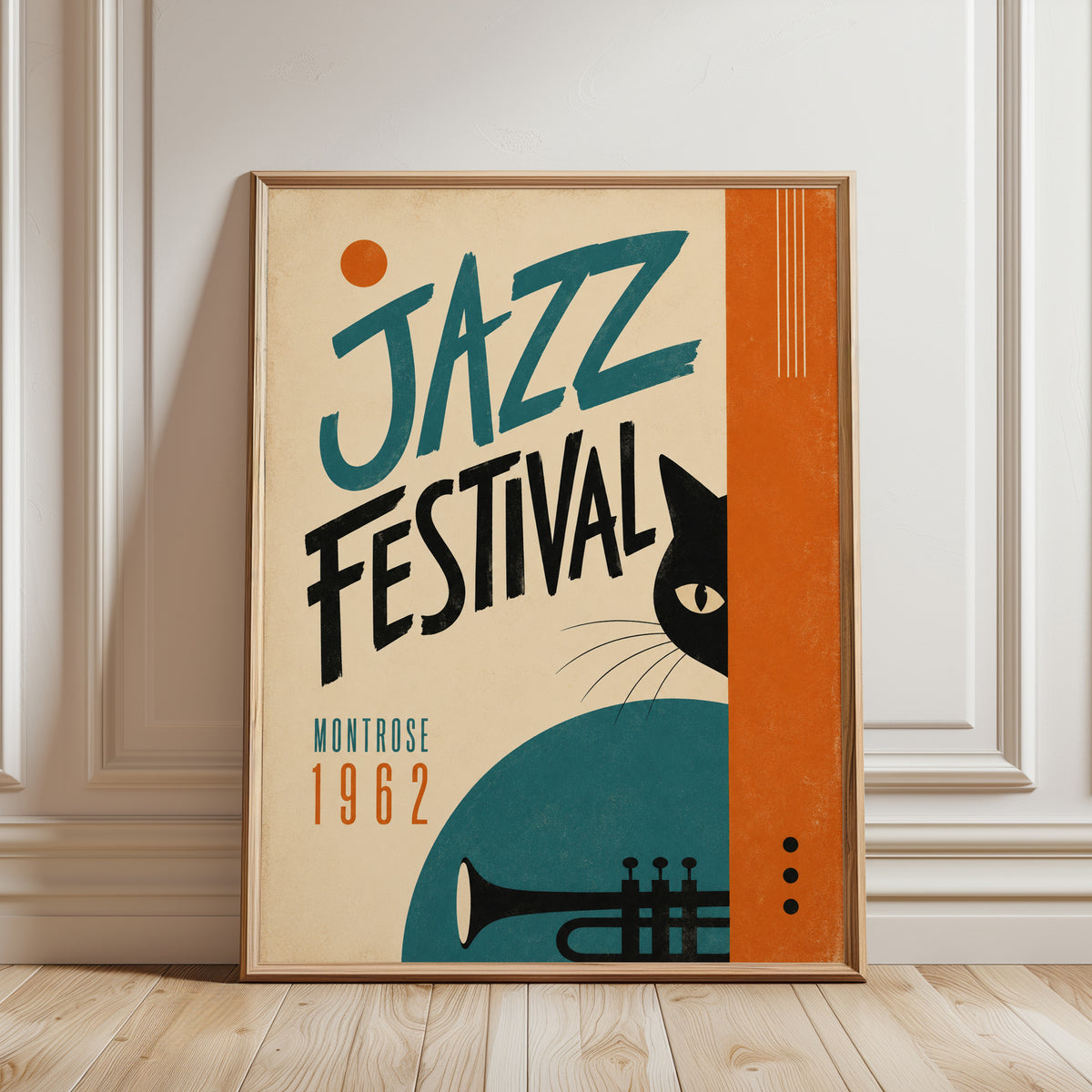 Jazz Festival Poster: Retro 1962 Music Art with Black Cat - framed detail