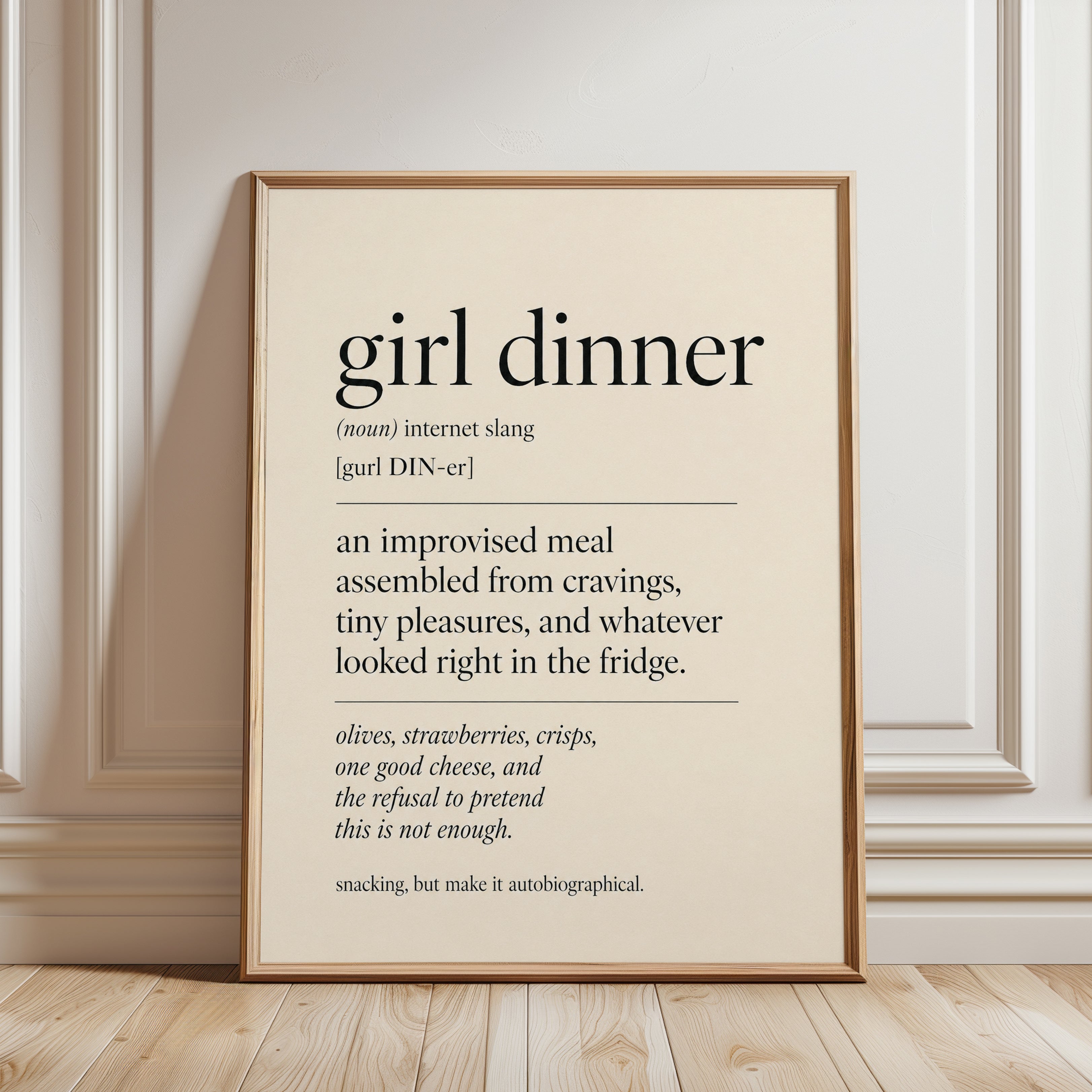 Girl Dinner Definition Print: Minimalist Beige Typography Poster - framed detail