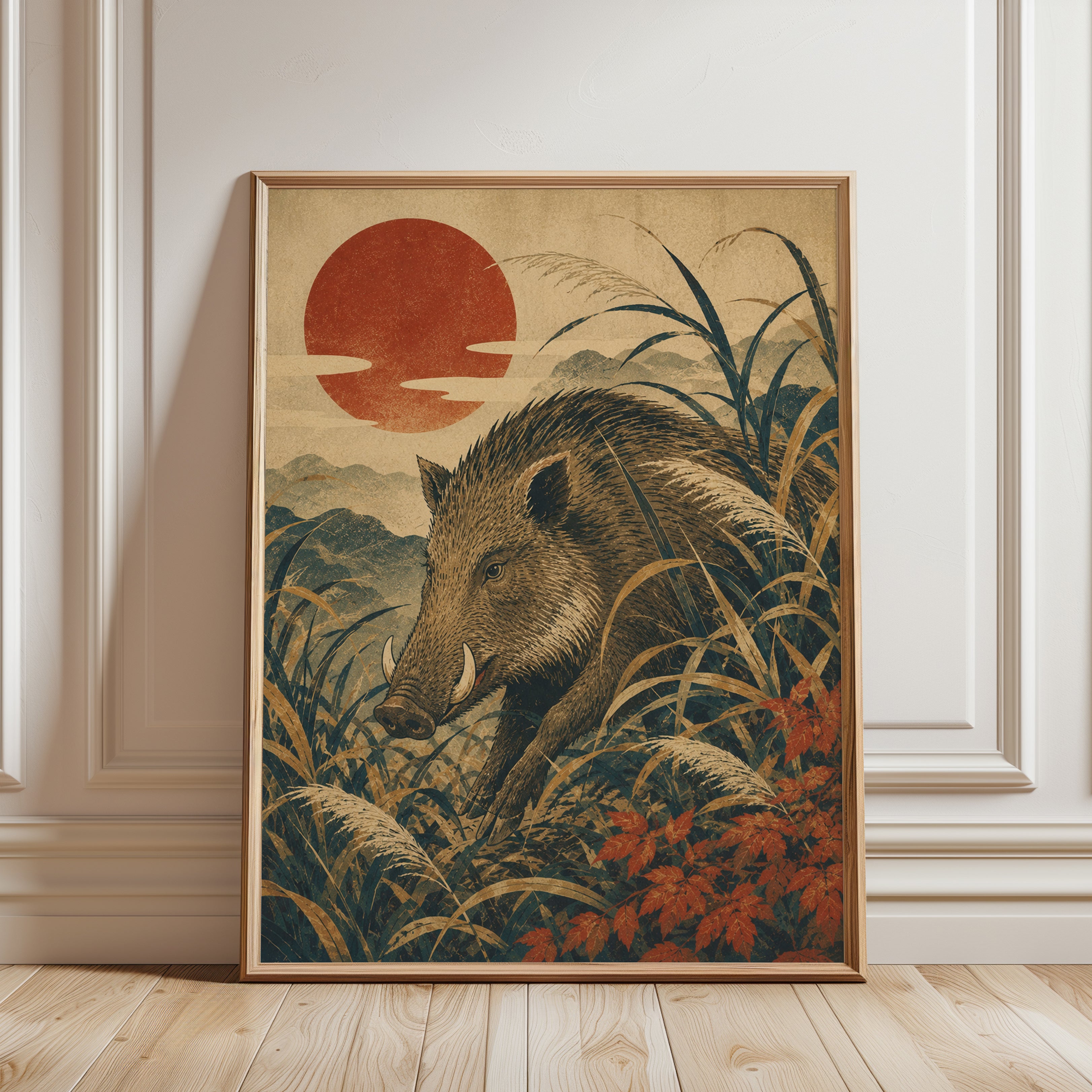 Wild Boar Wall Art: Japanese Vintage Illustration - framed detail