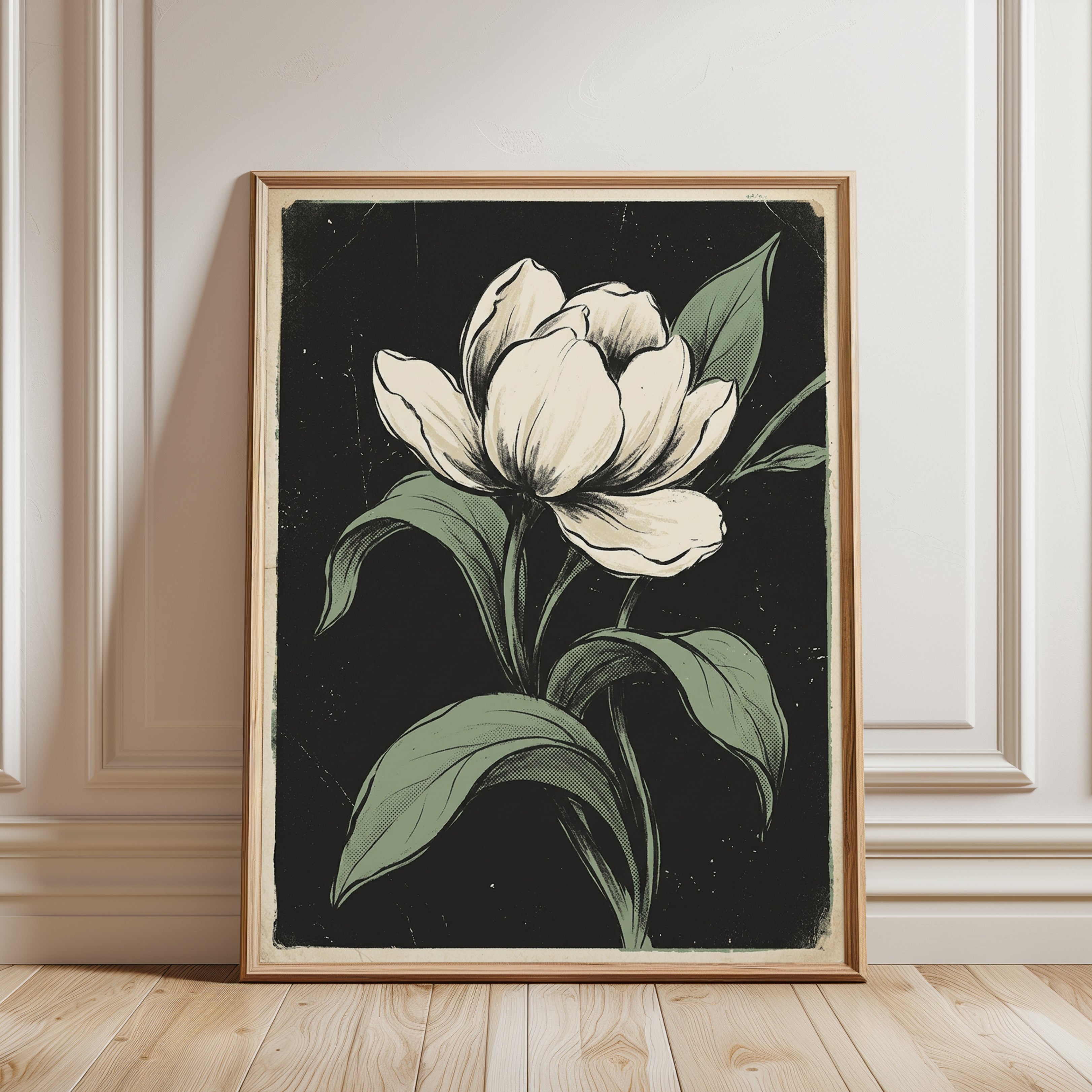 Vintage Tulip Botanical Print — Hand-Drawn Illustration - framed detail