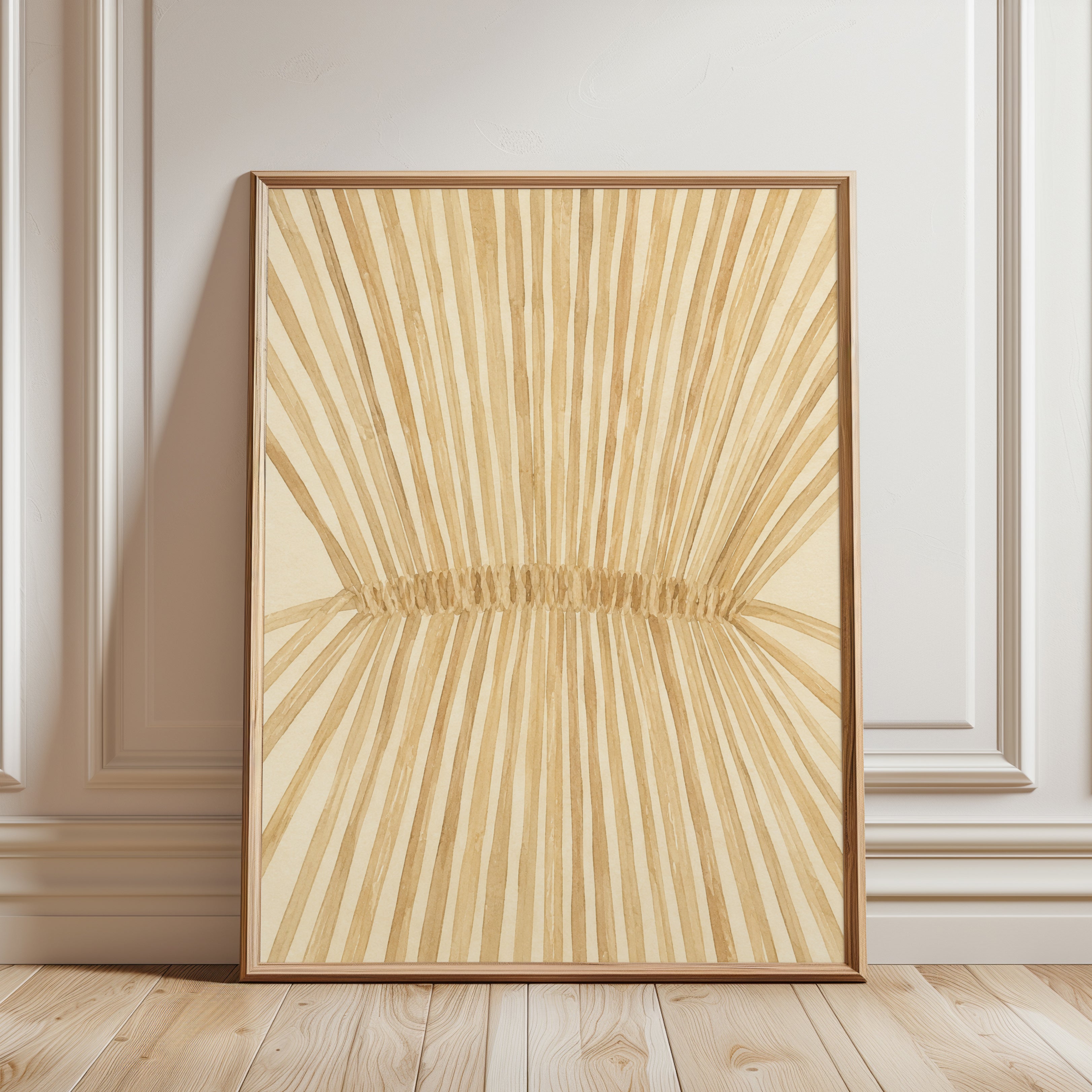 Sunburst Geometric Art Print: Beige Radiating Lines Design - framed detail