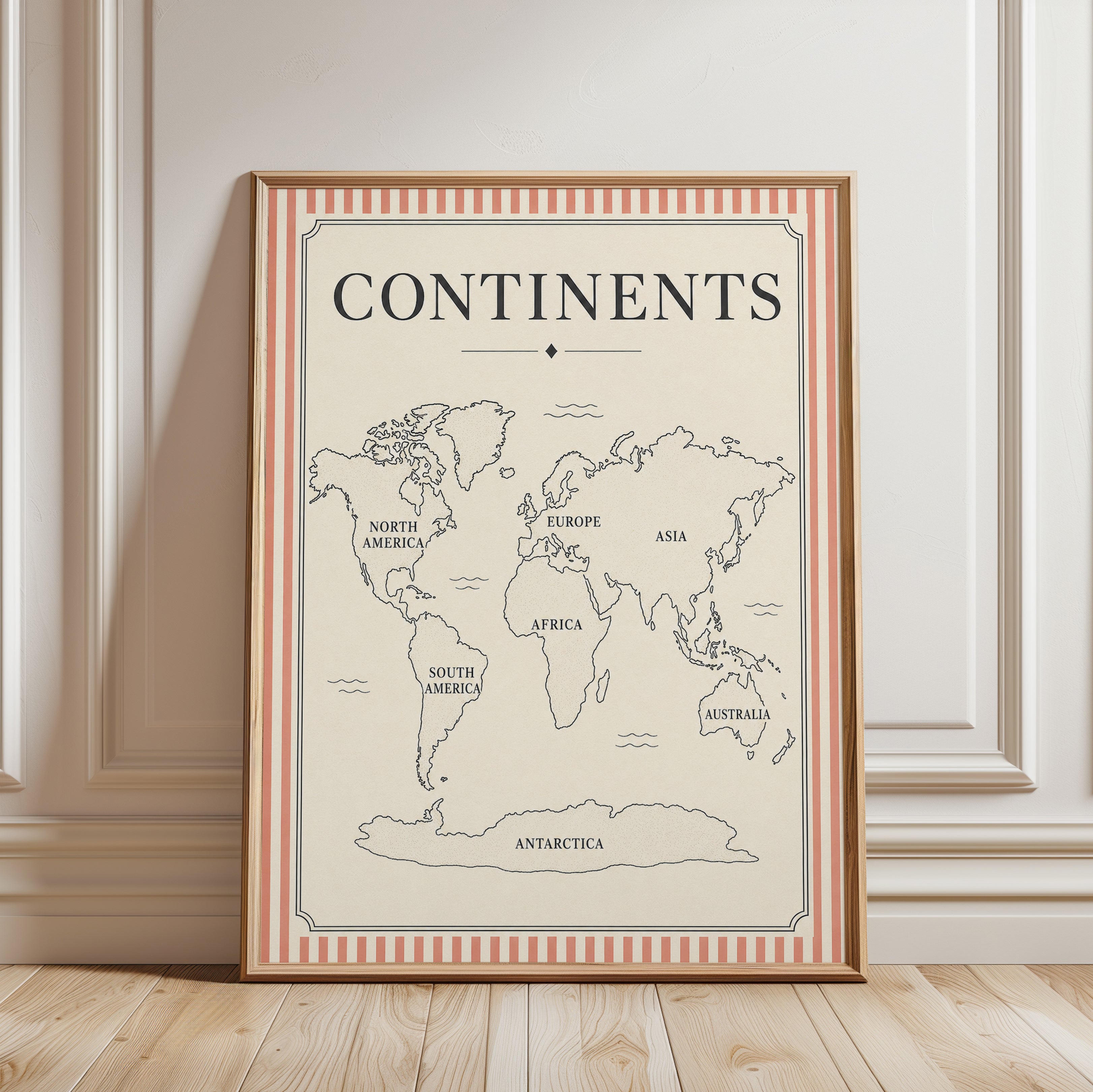 Continents World Map Print: Vintage Beige Educational Poster - framed detail