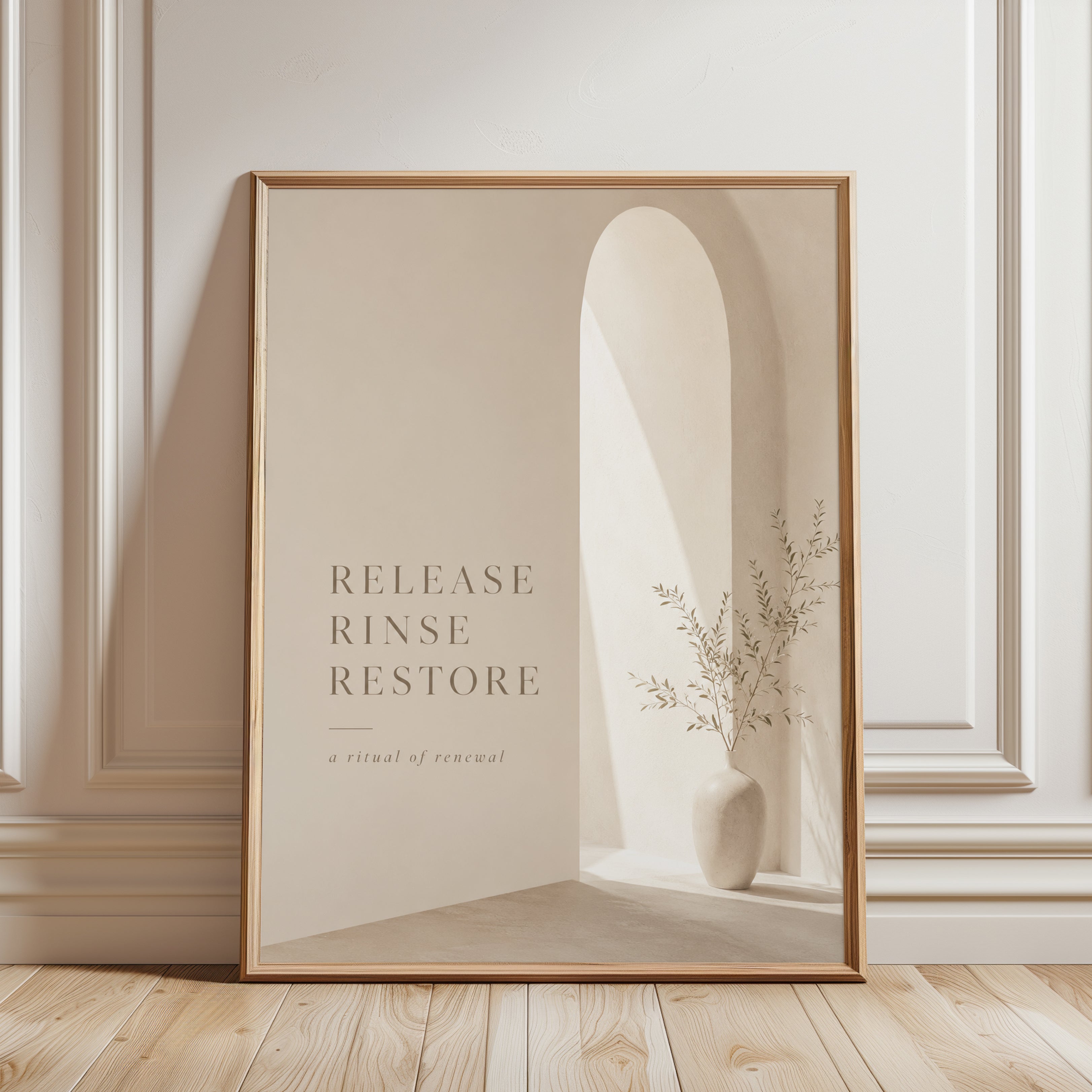 Release Rinse Restore Print: Minimalist Beige Spa Wall Art - framed detail