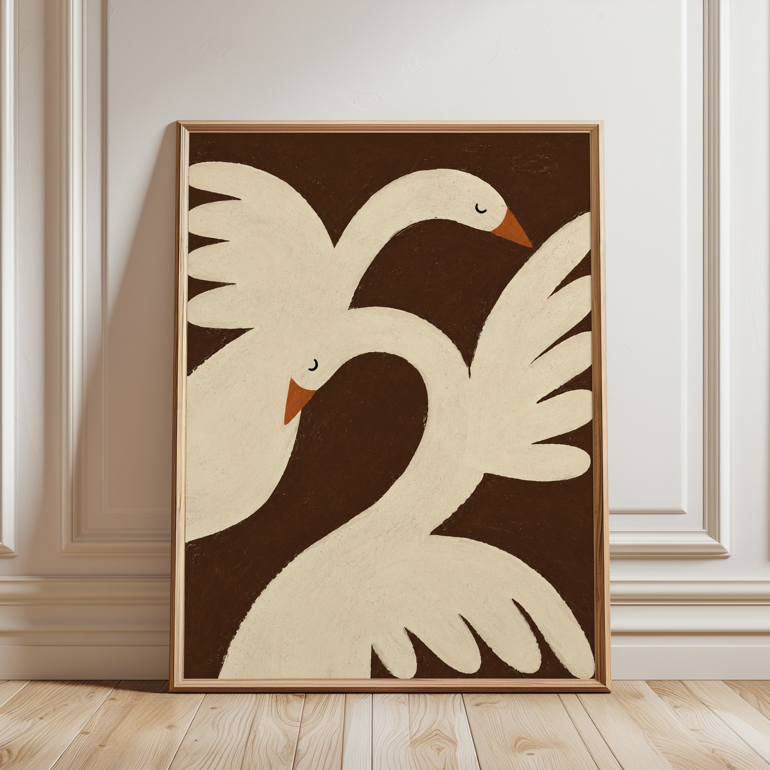 Geometric Swans Art Print: Minimalist Brown and Cream Birds - framed detail