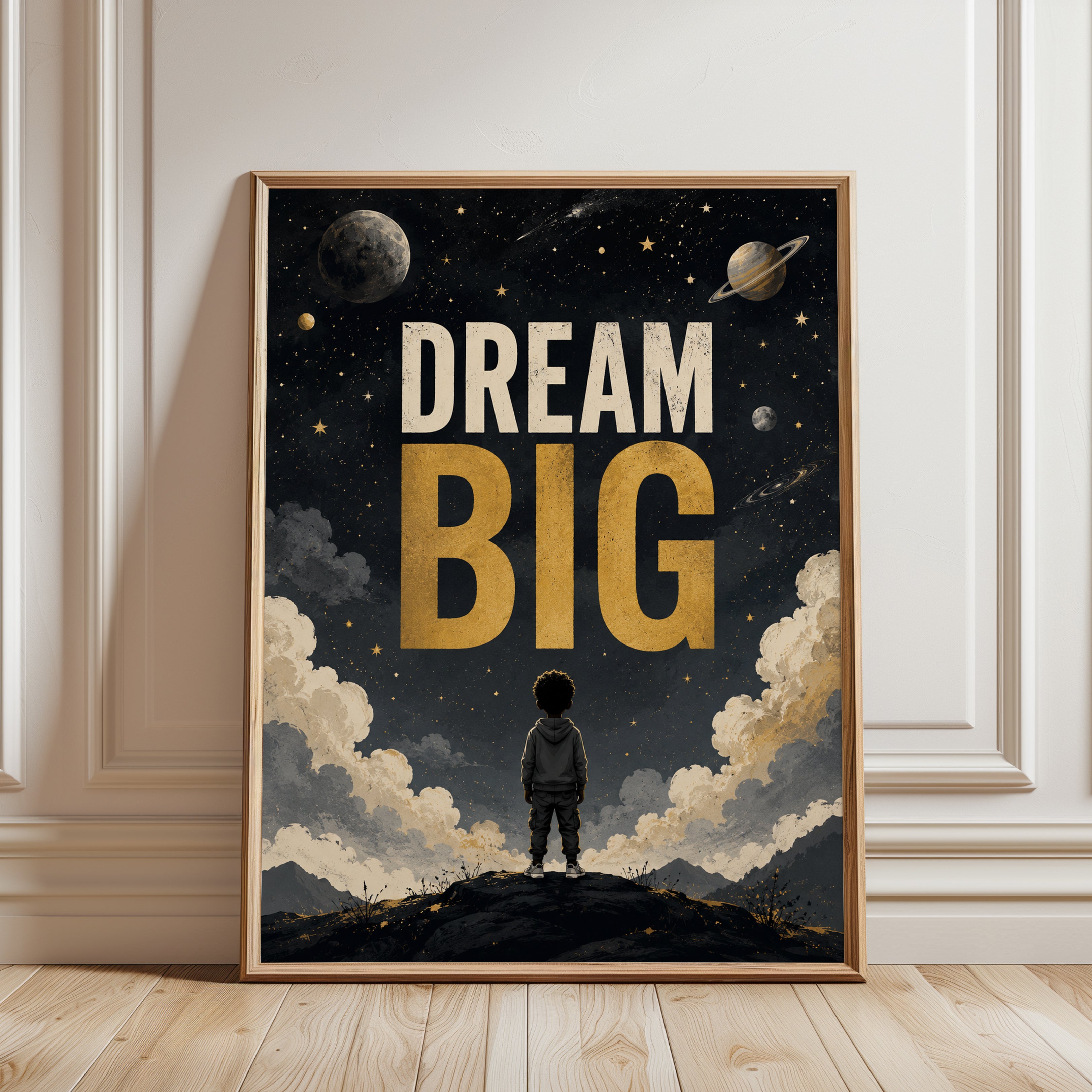 Space Nursery Wall Art – Dream Big Print - framed detail