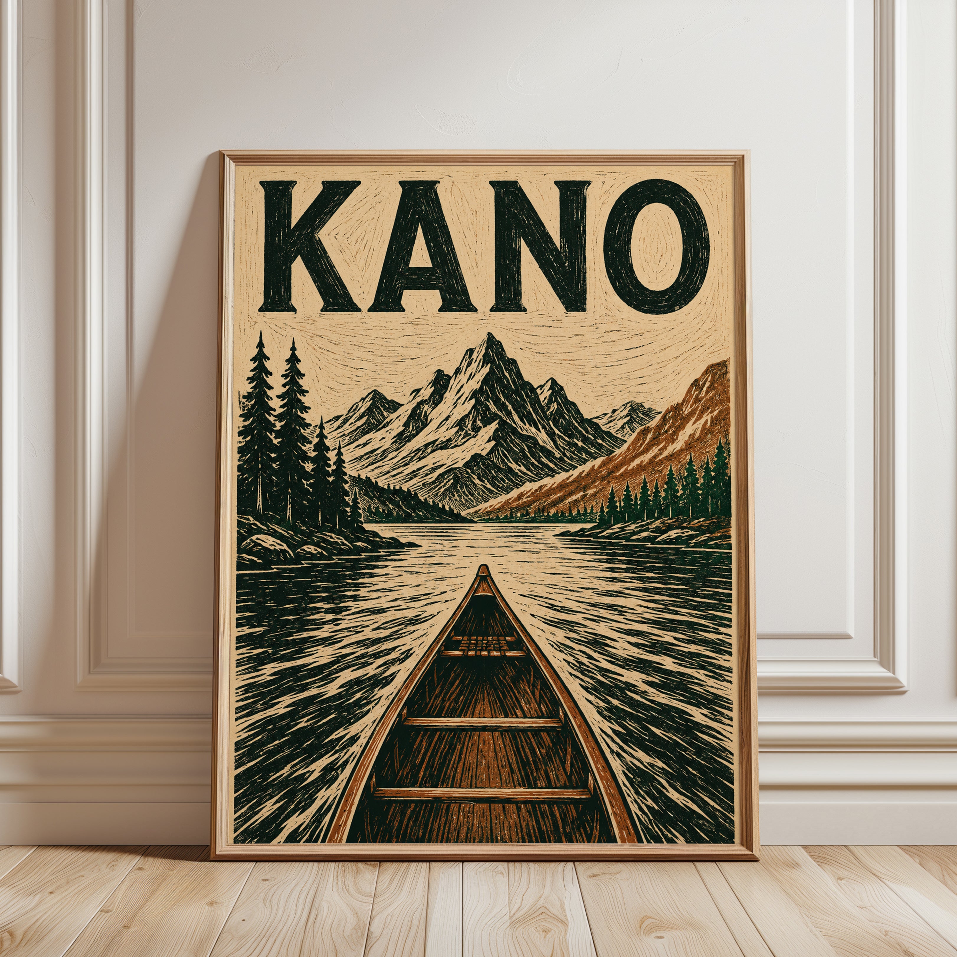 Canoe Wall Art – Vintage Mountain Lake Print - framed detail